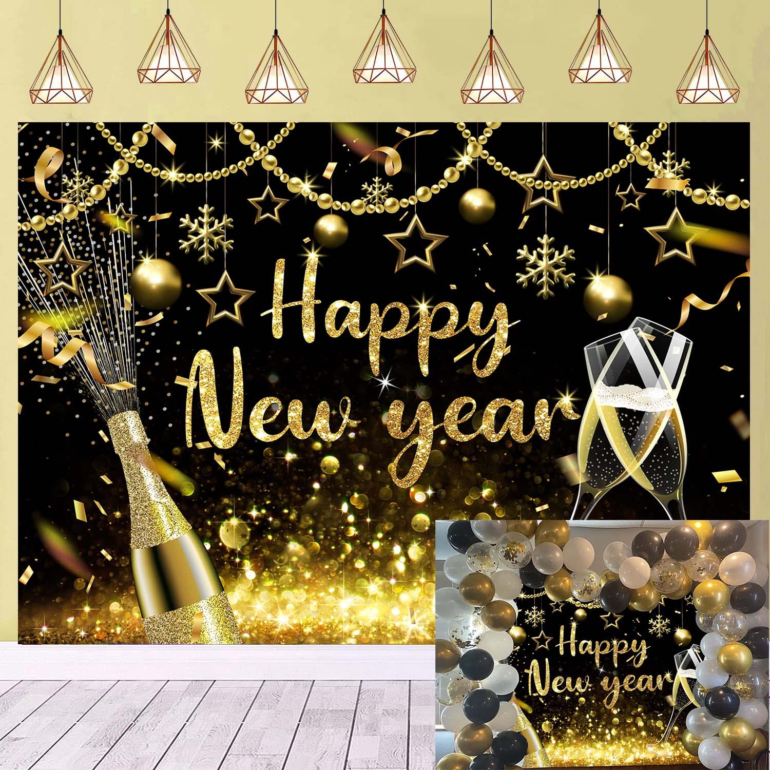 2025 Happy New Year Backdrop - Gold Glitter New Year's Eve Party Decoration (7x5 FT) | Photo Booth Background, NYE Celebration, Holiday Event Decor