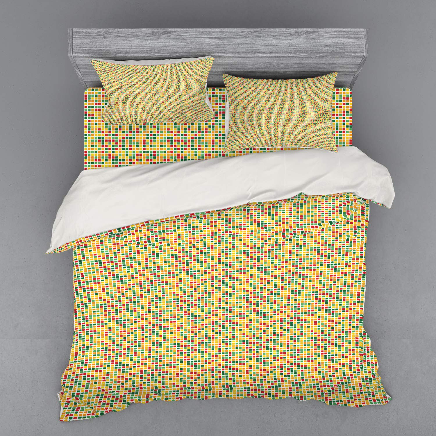 Ambesonne Geometric Duvet Cover Set King Size - 4 Piece Bedding Set with 2 Pillow Shams & Fitted Sheet - Gummy Candy Inspired Vibrant Color Square Pattern - Perfect for Modern Bedroom, Guest Room & Kids Room Decor