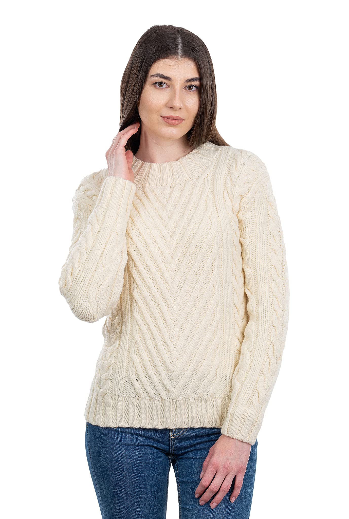 SAOL Women's 100% Merino Wool Irish Aran Sweater - Ribbed Collar & Cable Knit Design - Fitted Winter Pullover for Casual Wear & Outdoor Activities