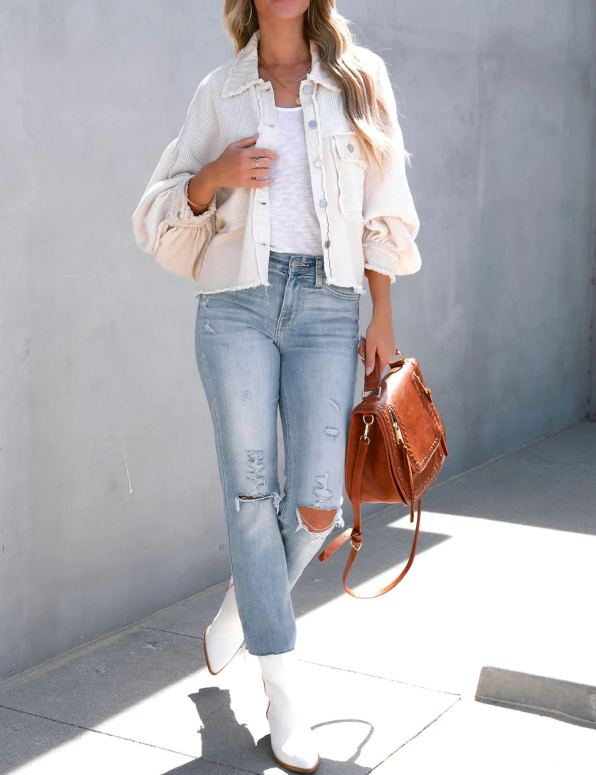 Women's Frayed Hem Waffle Knit Denim Jacket - Cropped Boyfriend Style Button Down Shirt Jacket with Spliced Design | Casual Outfits, Streetwear & Layering Essential