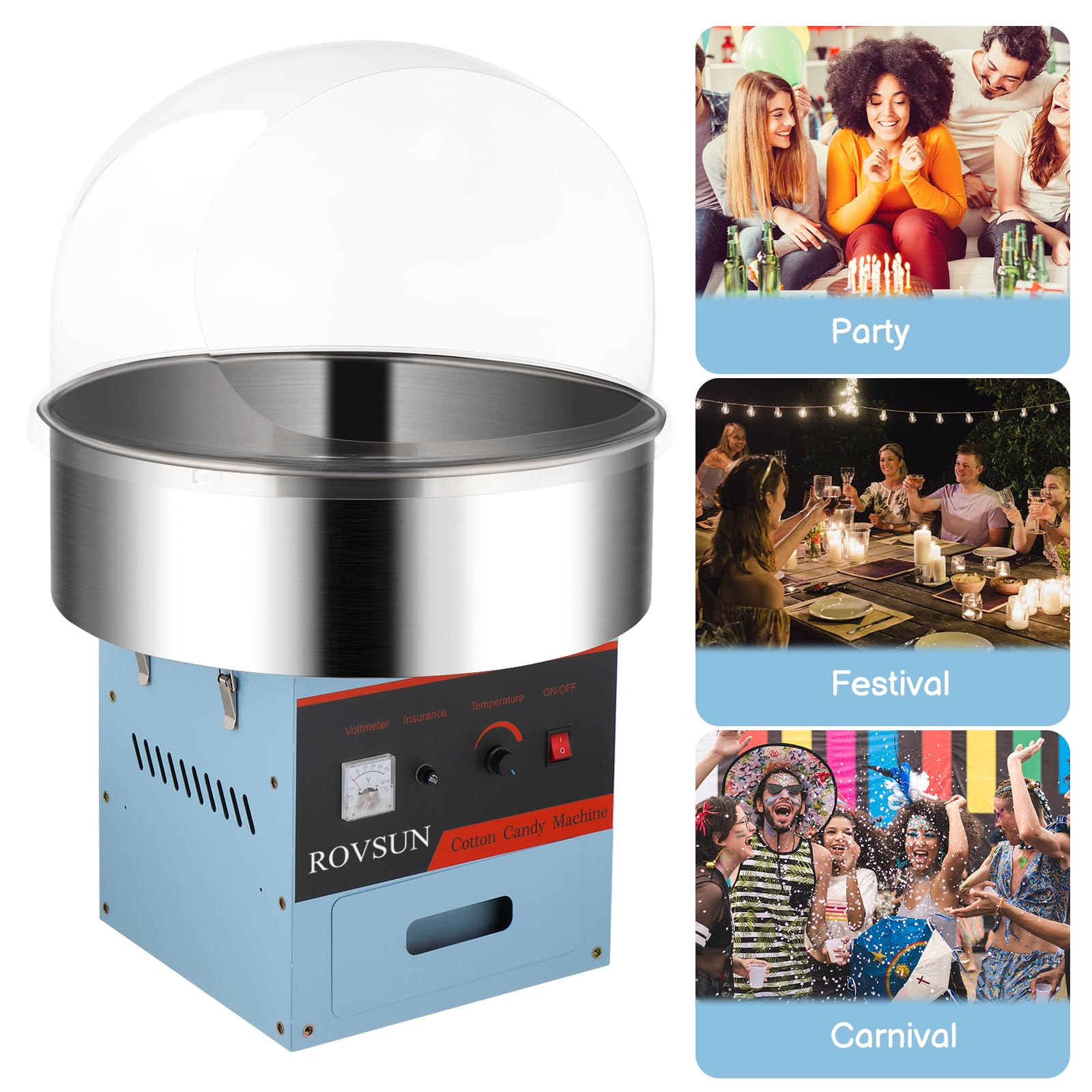 ROVSUN 21 Inch Commercial Cotton Candy Machine - Electric Candy Floss Maker with Stainless Steel Bowl, Cover, Sugar Scoop & Storage Drawer - Perfect for Parties, Carnivals, Fairs & Home Use (Blue)