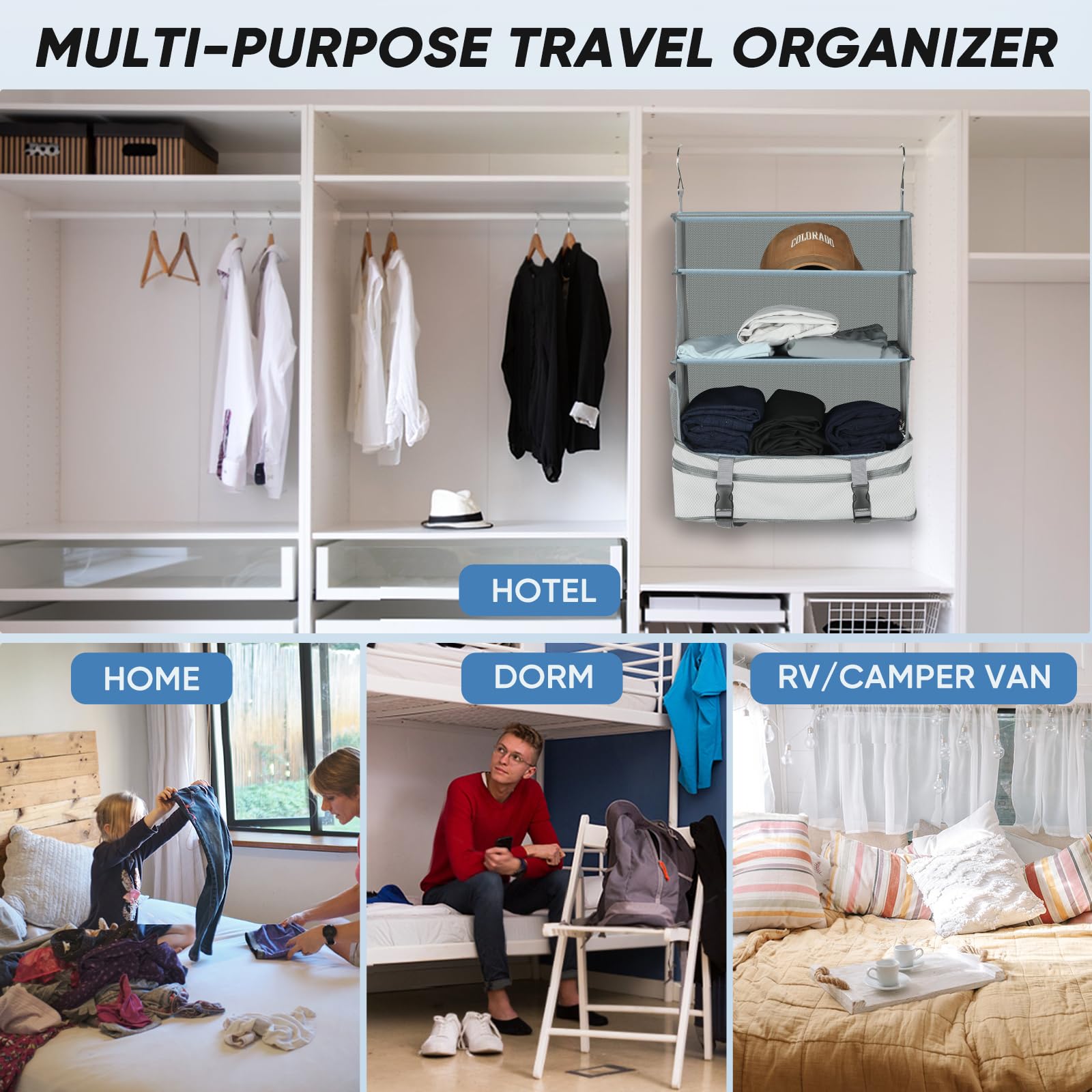 Premium Durable Hanging Travel Shelves & Oxford Packing Cubes for Suitcases - Portable Luggage Organizer for Carry-On, Closet & Travel (White) - Perfect for Business Trips, Vacations & Home Storage