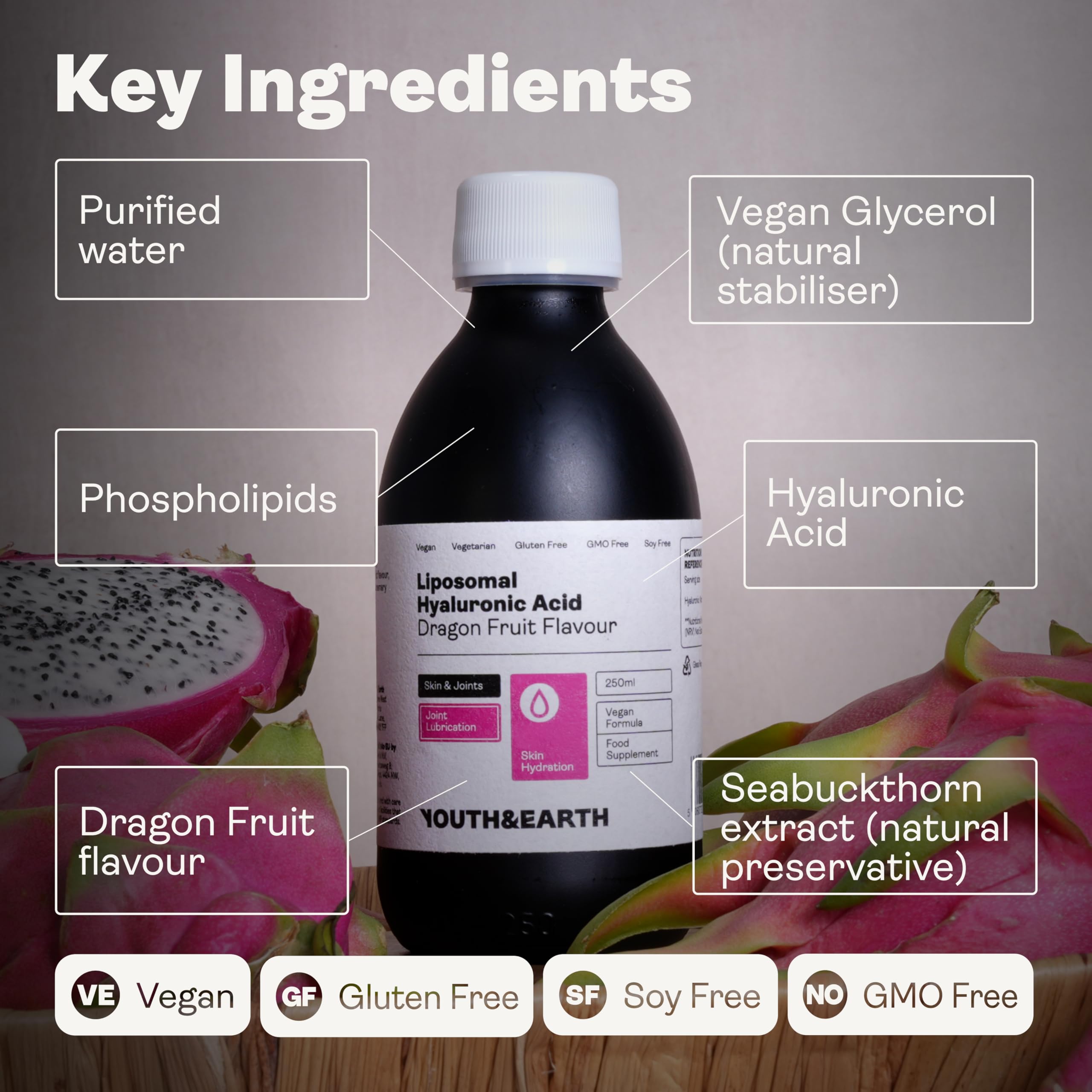 Youth & Earth Liposomal Hyaluronic Acid Liquid Supplement - Pure Vegan Hyaluronic Acid for Skin Hydration & Joint Support - Dragon Fruit Flavor (250ml) - Perfect for Daily Skincare Routine & Active Lifestyle