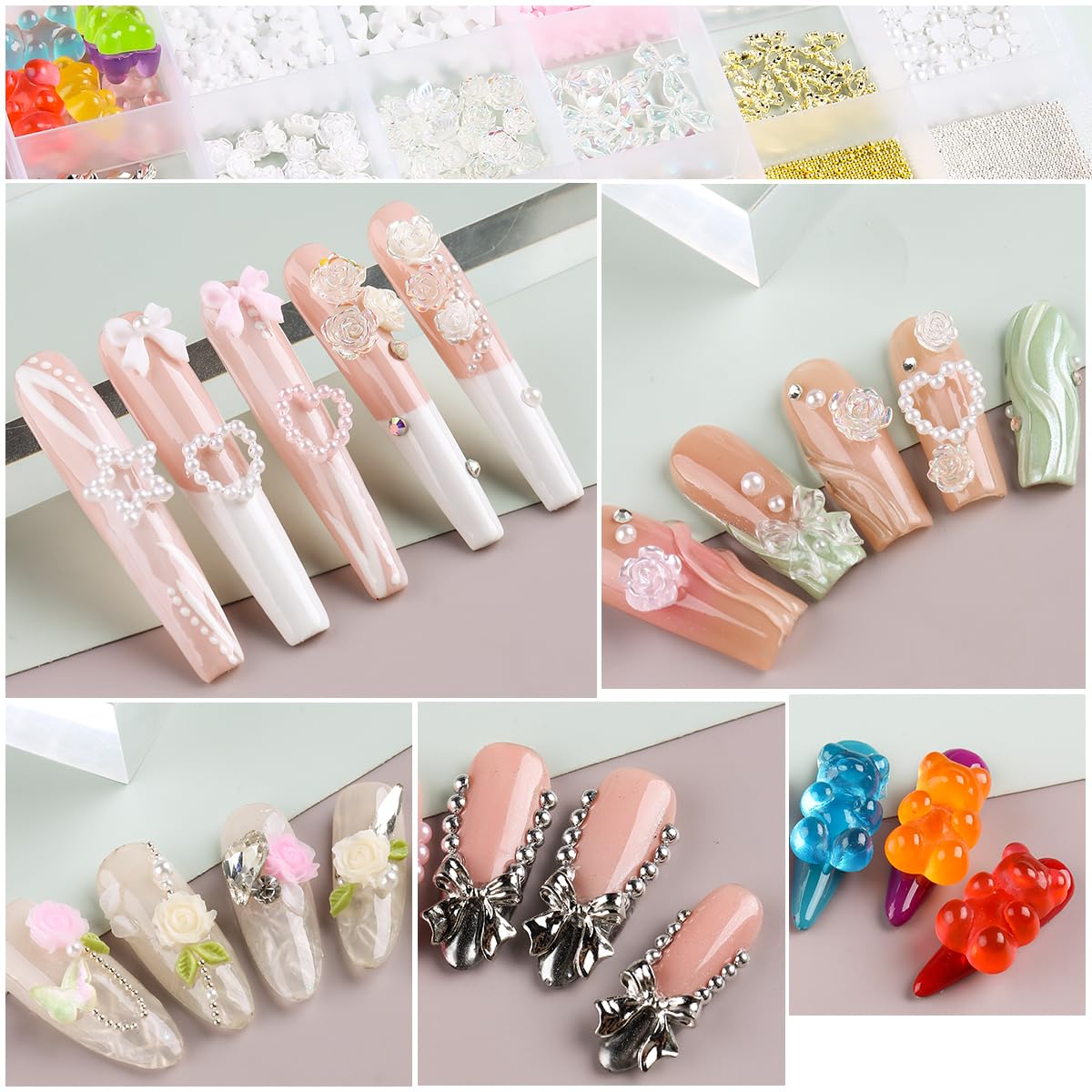 3D Nail Charms Bulk - 500pcs Assorted Colorful Nail Art Decorations with Flowers, Hearts, Pearls, Butterflies, Bows & Crystals - DIY Manicure Accessories Kit with Pickup Tool for Professional Salon, Home Nail Art & Party Glam