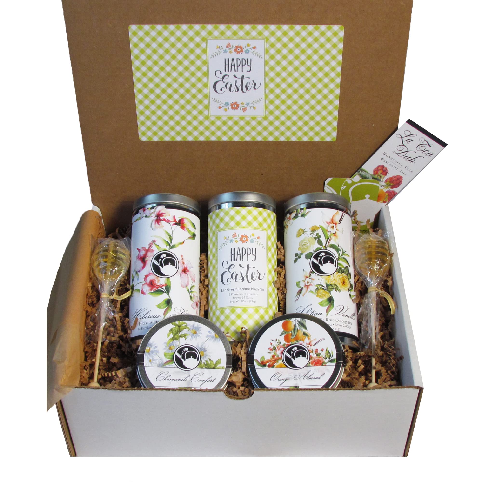 Premium Easter Tea Gift Basket by La Tea Dah - 5 Tins of Luxury Tea & 2 Honey Stirrers in Festive Basket (Hibiscus, Vanilla, Chamomile, Orange Almond & Earl Grey) - Perfect Easter Gifts for Adults, Tea Lovers & Hostess - Ideal for Afternoon Tea, Mother's Day & Spring Celebrations