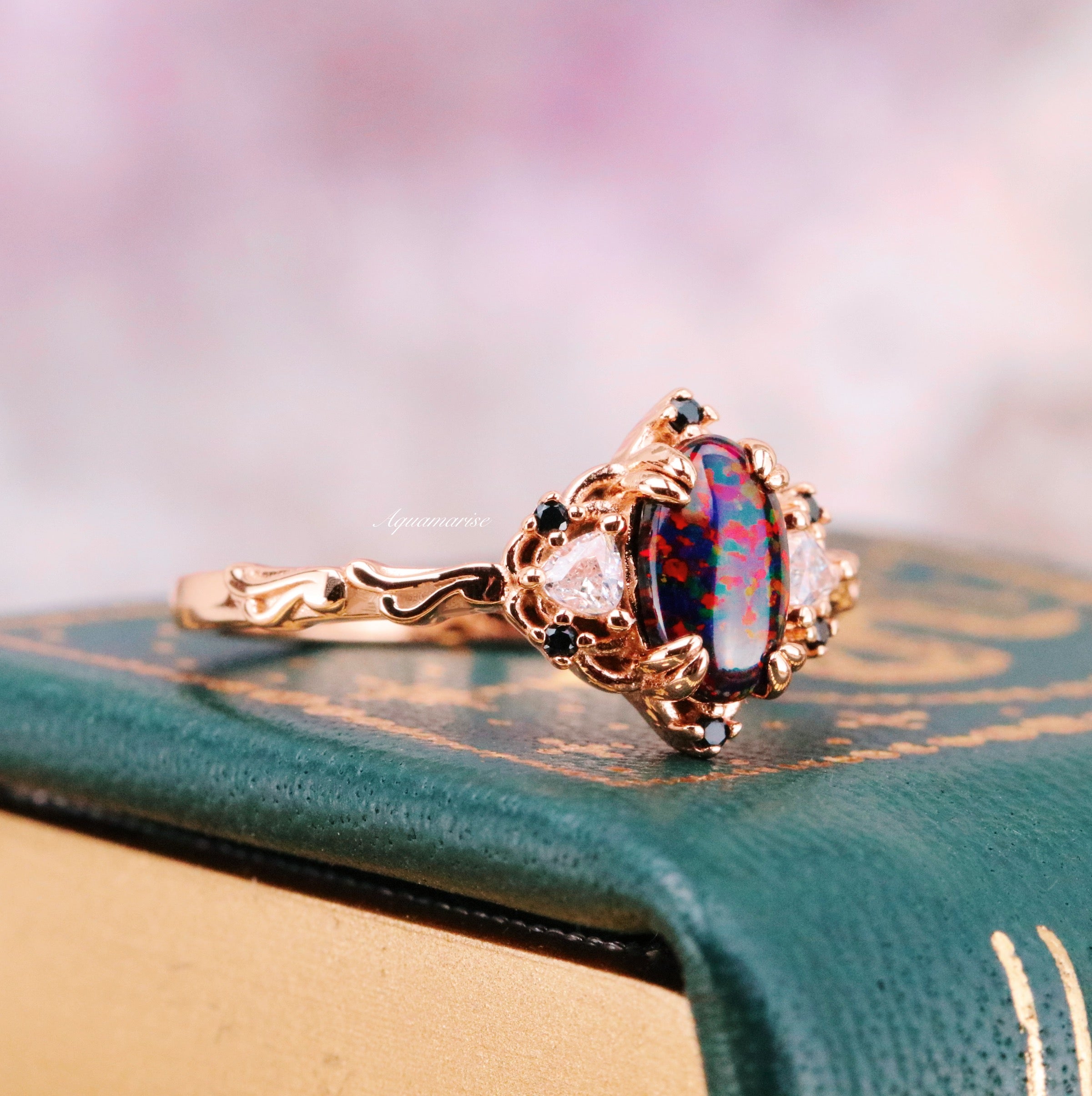 14K Rose Gold Vermeil Fire Opal Ring for Women - Elegant Black Opal Jewelry Gift for Birthday, Anniversary & Special Occasions