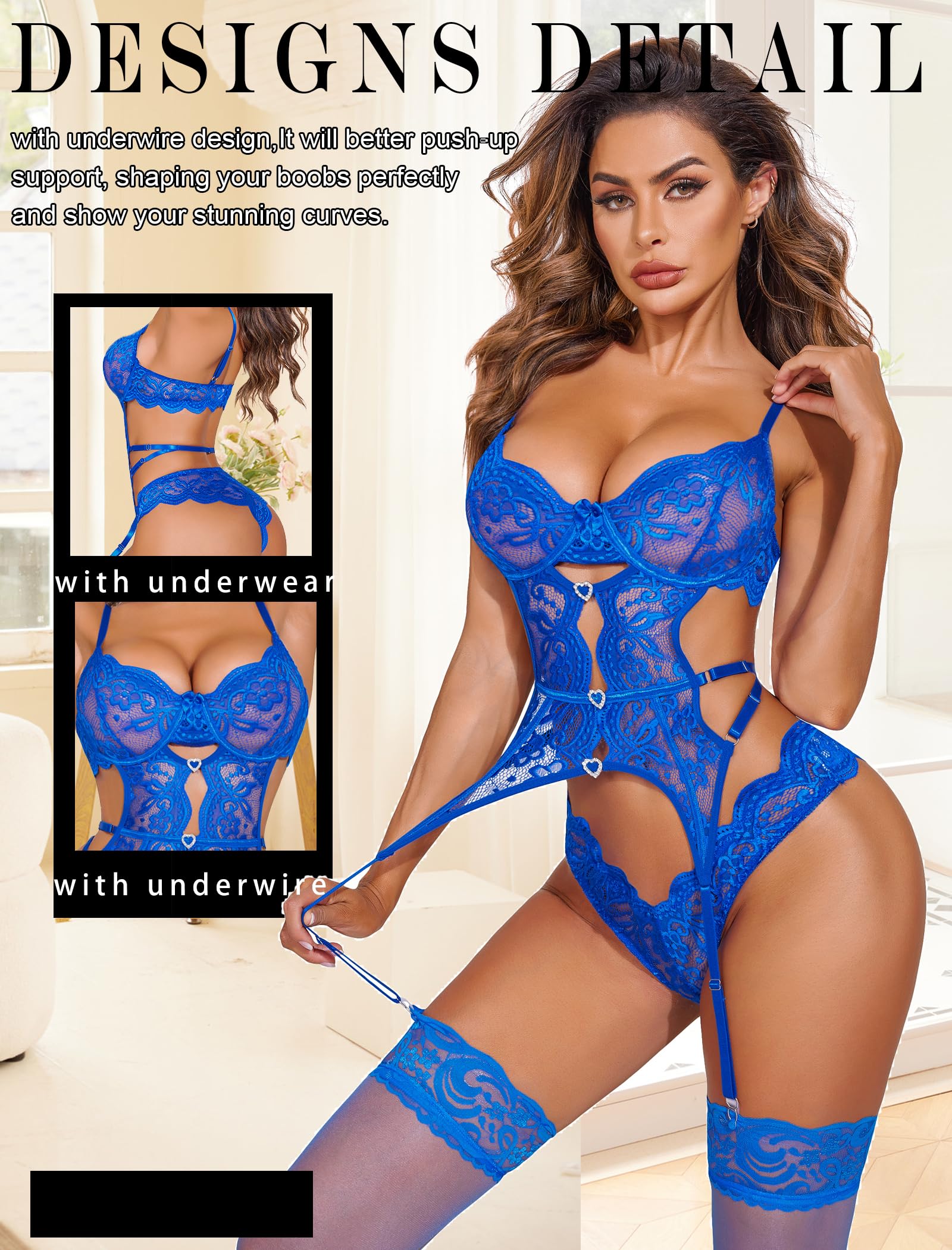 **Avidlove Women's Sexy Lace Garter Lingerie Set - Rhinestone Underwire Teddy Bodysuit with Cut-Out Design & Panty (No Stockings) - Perfect for Valentine's Day, Bridal Shower & Romantic Nights**