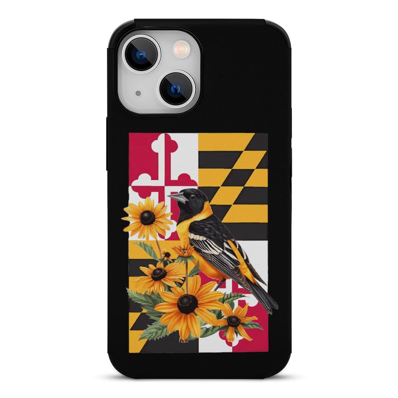 Maryland State Flag iPhone 13 Case - Baltimore Oriole Bird & Black-Eyed Susan Flower Design | Carbon Fiber Shockproof Protective Cover for iPhone 13 Mini/13/13 Pro/13 Pro Max | Perfect for Outdoor Activities & Travel