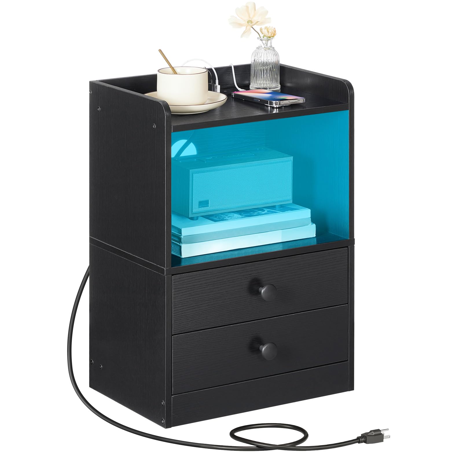 HOOBRO Modern Nightstand with Charging Station & LED Lights - 2-Drawer Bedside Table with USB Ports & Outlets - Black End Table for Bedroom (BK28UDBZ01) | Perfect for Small Spaces, Apartment Living & Contemporary Home Decor