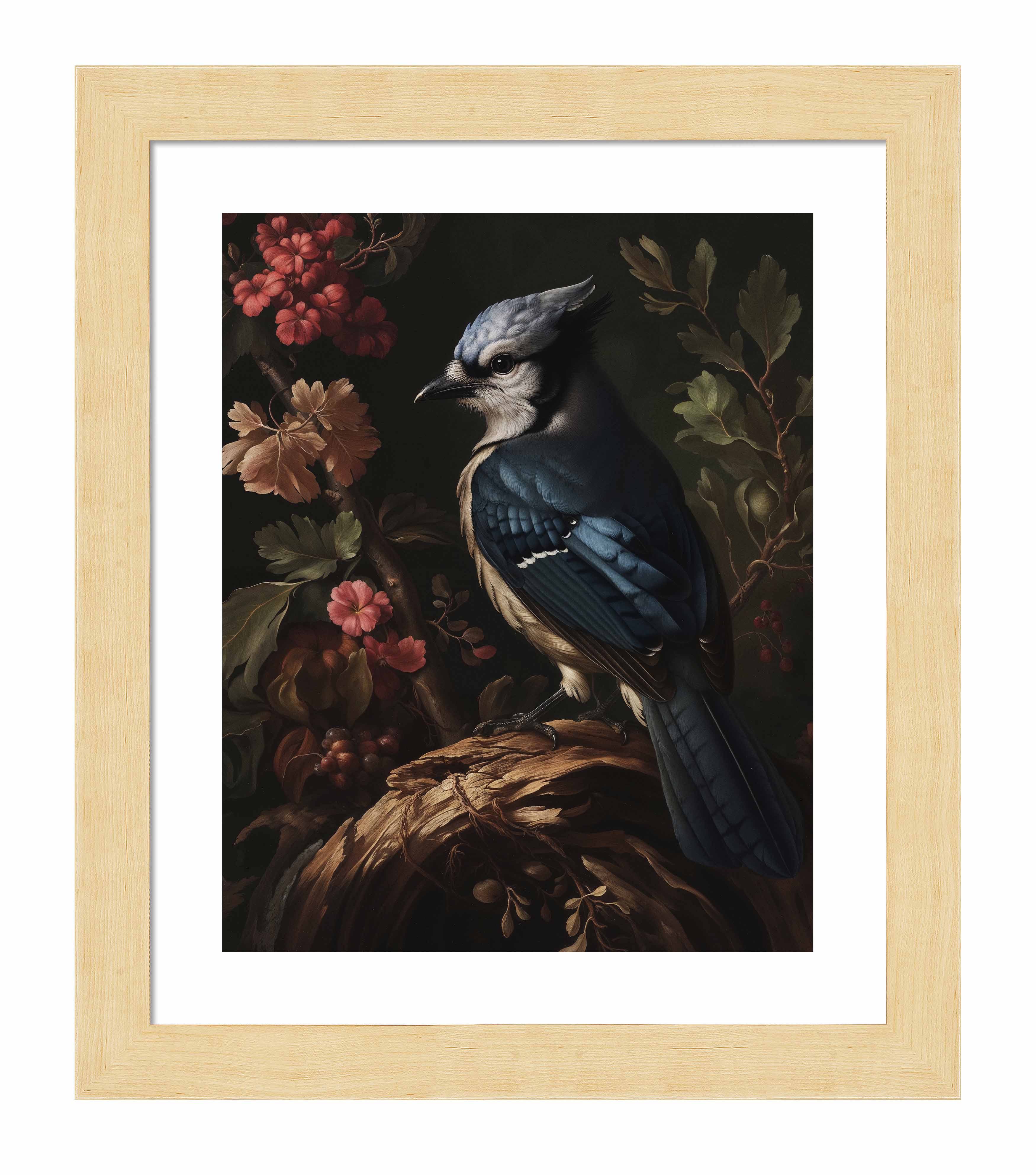 Blue Jay Amongst Flora - Elegant Nature Art Print for Home & Office Decor - Perfect for Living Room, Bedroom, or Gift