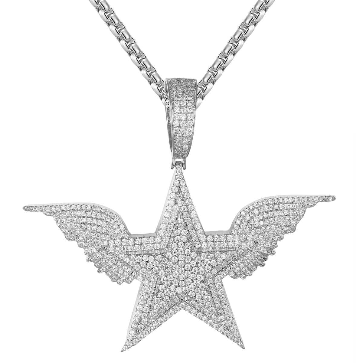 925 Sterling Silver Star Angel Wings Pendant Necklace - Hip Hop Rapper Style Jewelry for Men & Women - Perfect for Gifts, Parties, and Everyday Wear