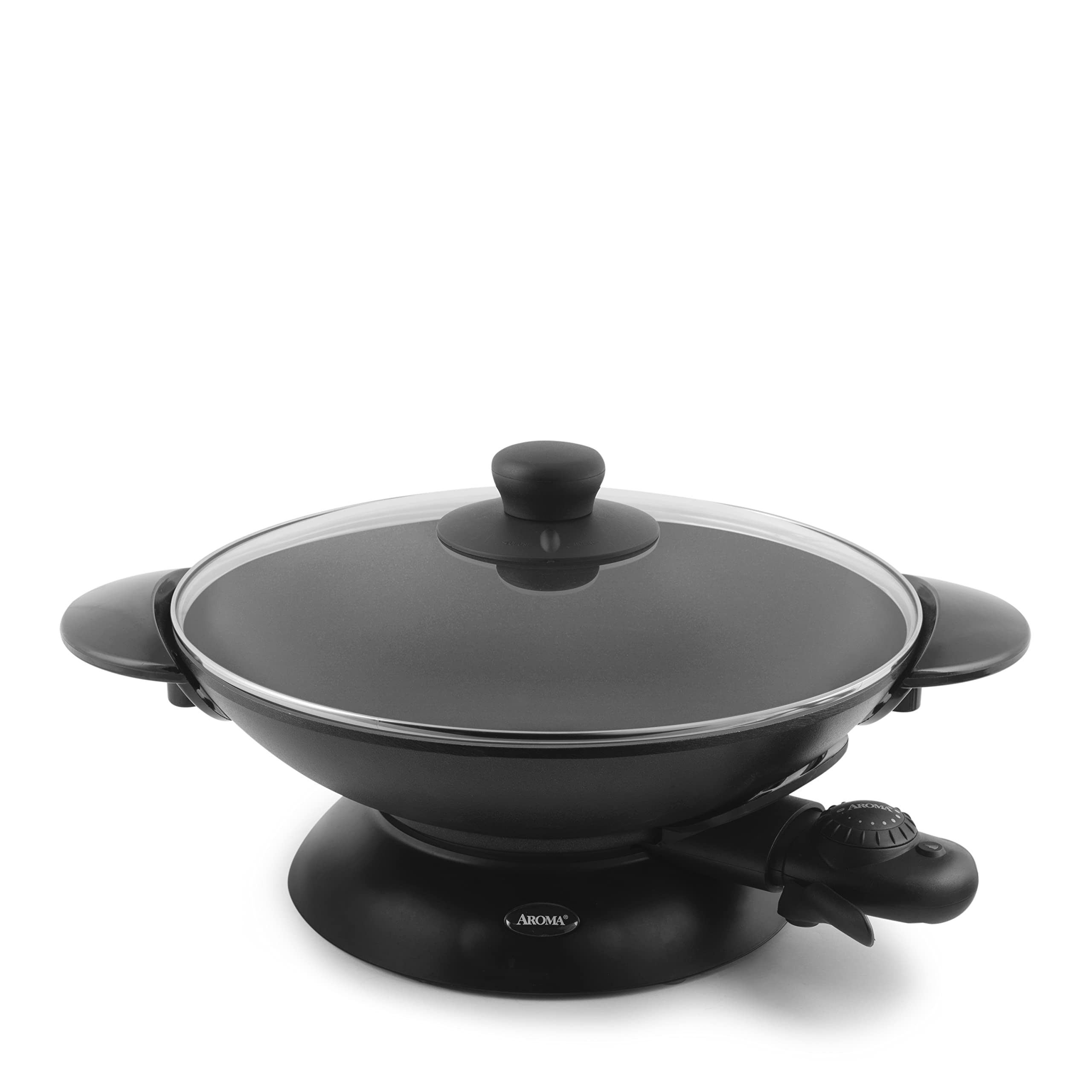 Aroma Housewares AEW-306 Professional Electric Wok with Tempered Glass Lid - Nonstick Easy-Clean Surface, Includes Cooking Chopsticks, Tempura & Steaming Racks - Perfect for Asian Cooking, Stir-Frying, Deep Frying & Family Meals (Black)