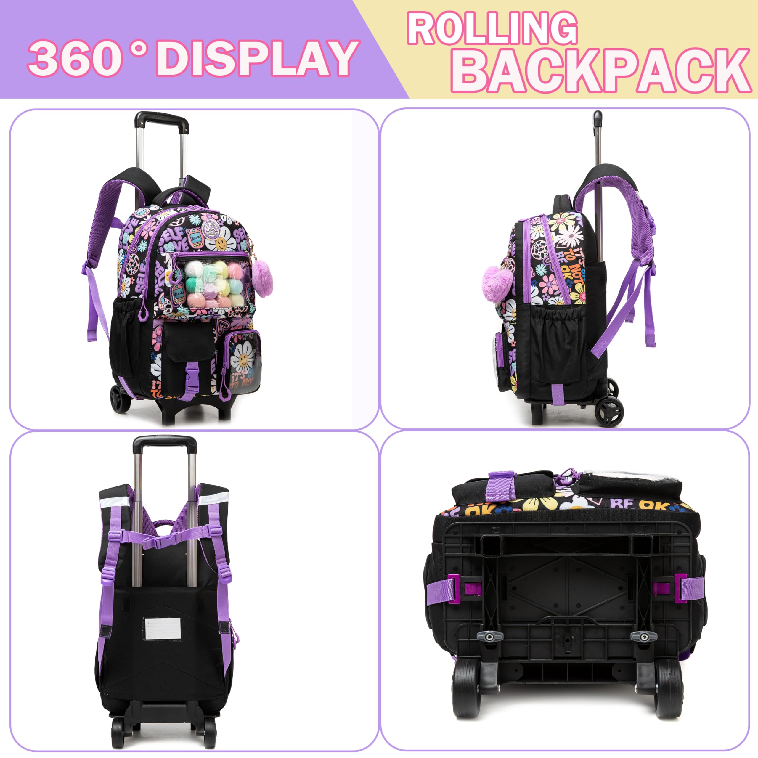 **Meetbelify Rolling Backpack for Girls - Cute Wheeled School Backpack for Elementary Students | Lightweight Carry-On Travel & Daily Use**
