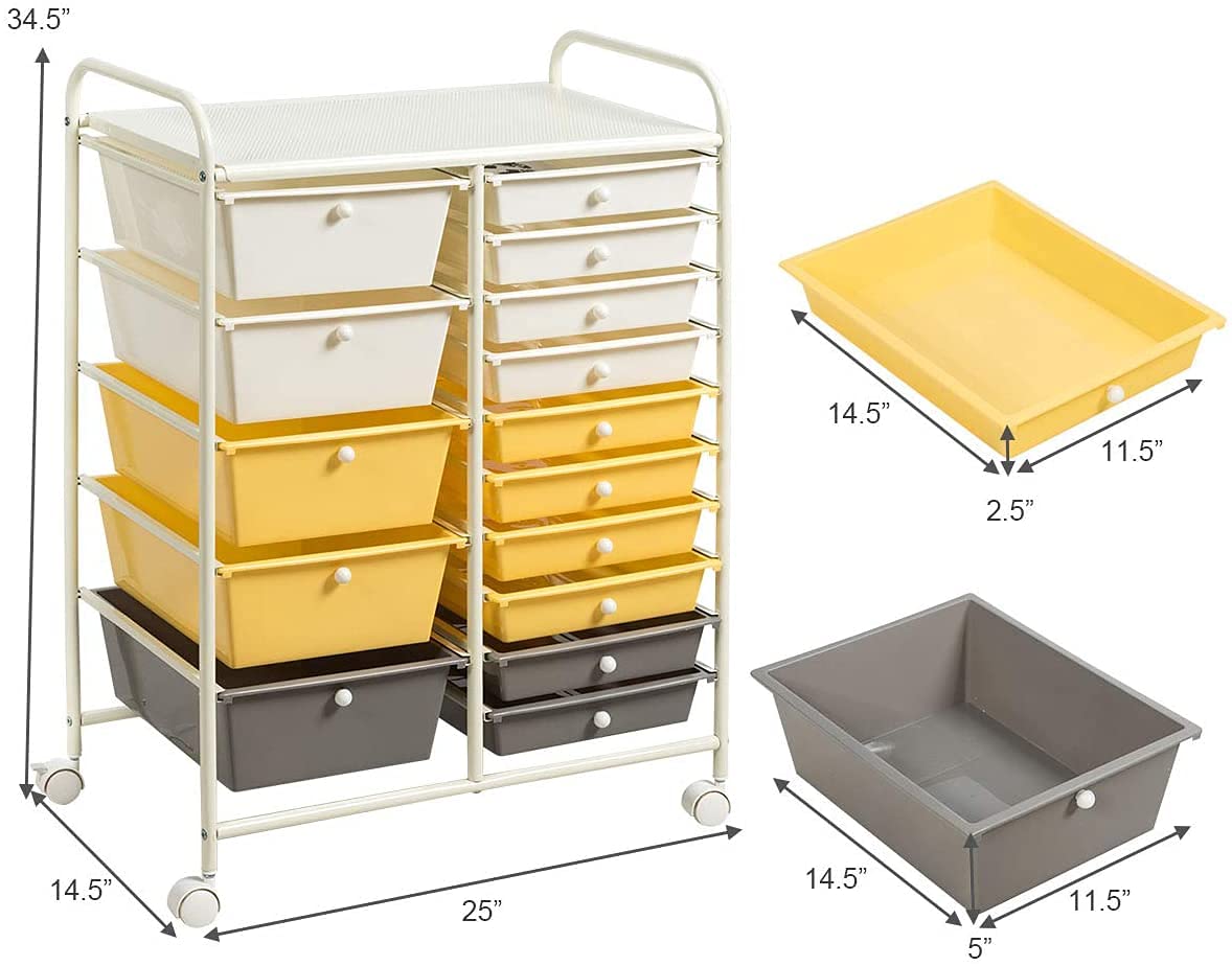 Giantex 15-Drawer Rolling Storage Cart - Plastic Organizer for Tools, Scrapbook Paper & Craft Supplies - Multi-Purpose Utility Cart with Wheels (Yellow) - Perfect for Home Office, Craft Room & Garage Organization
