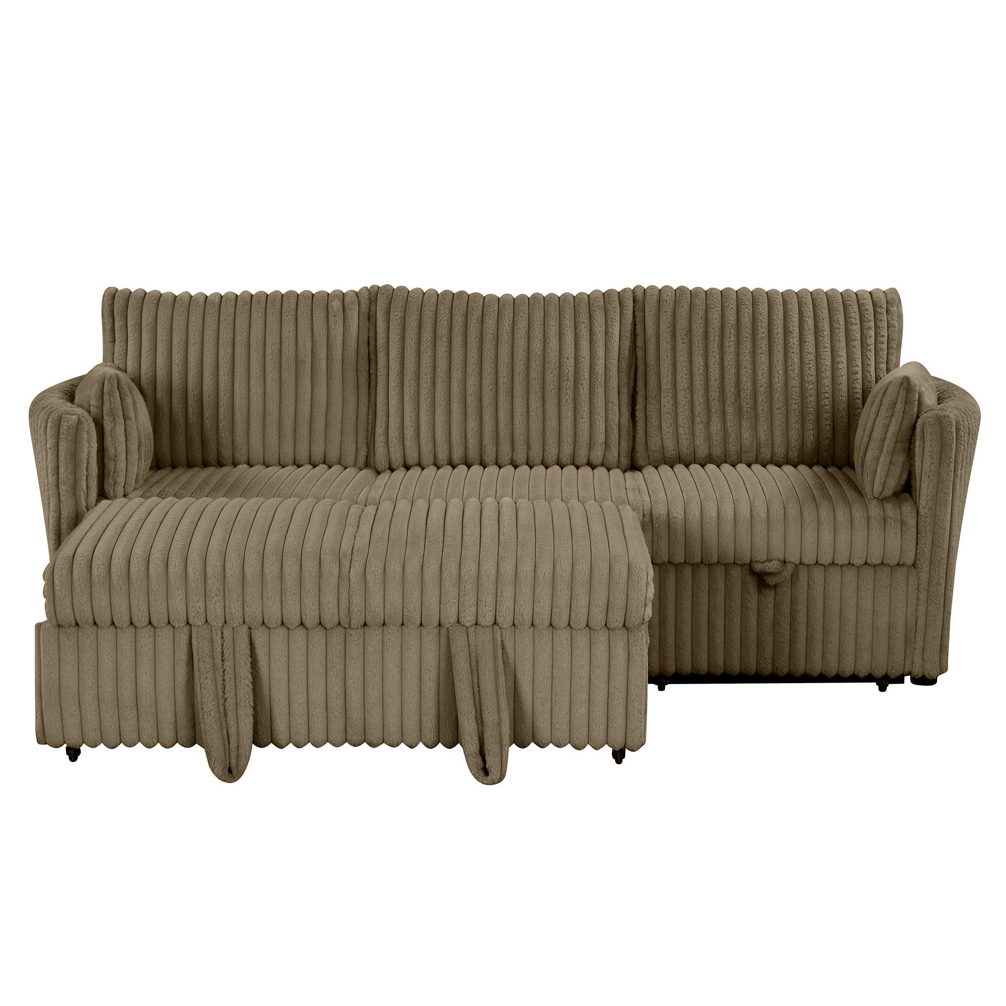 Luxury Brown Faux Fur Oversized Convertible Sectional Sofa - Sleeper Sofa, Daybed & Chair with 2 Pillows & USB Charging Ports - Perfect for Living Room, Home Theater & Guest Room Comfort
