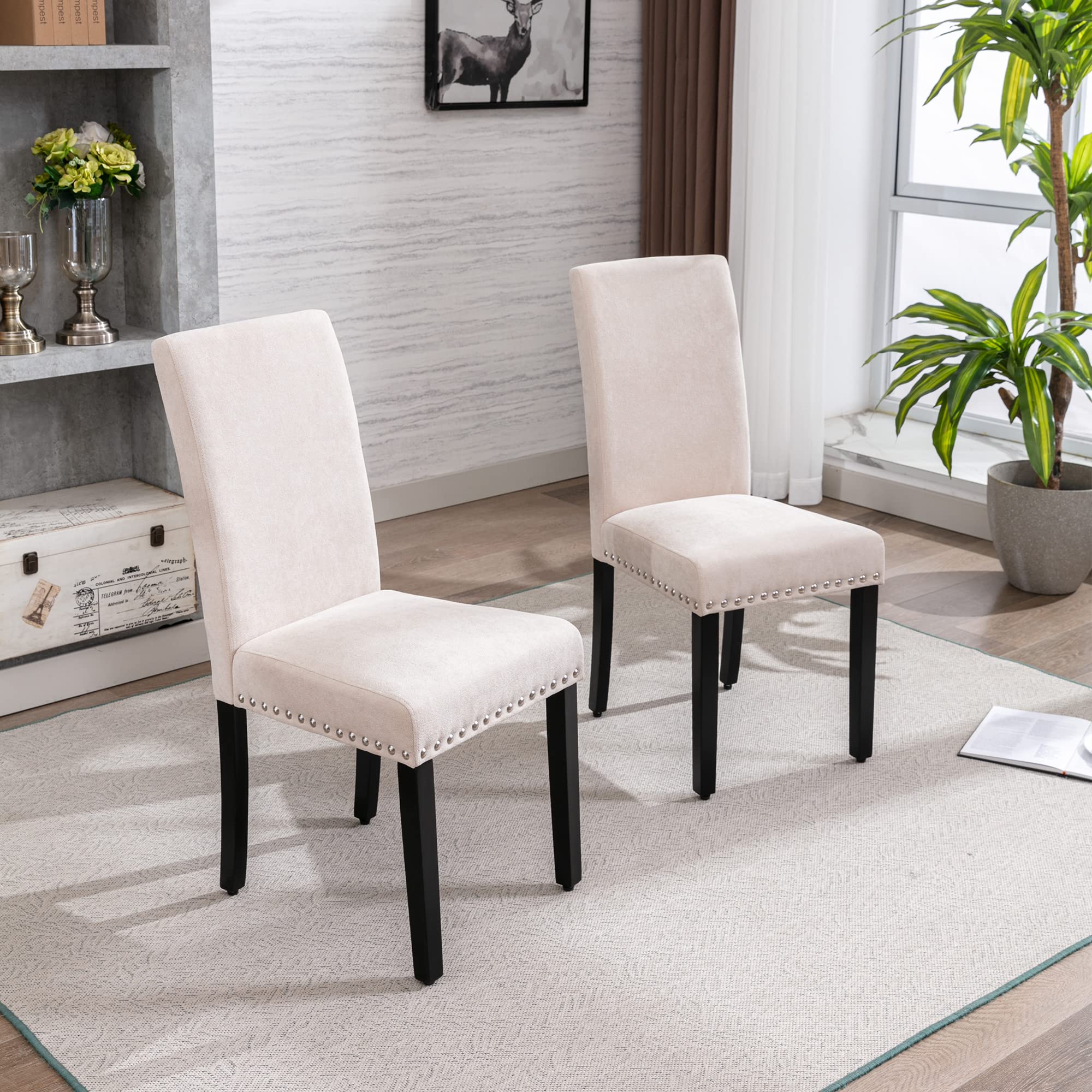 GOTMINSI Upholstered Fabric Dining Chairs Set of 2 - Padded Parson Chairs with Solid Wood Legs & Silver Nail Trim, Beige | Perfect for Kitchen, Dining Room & Living Room Seating