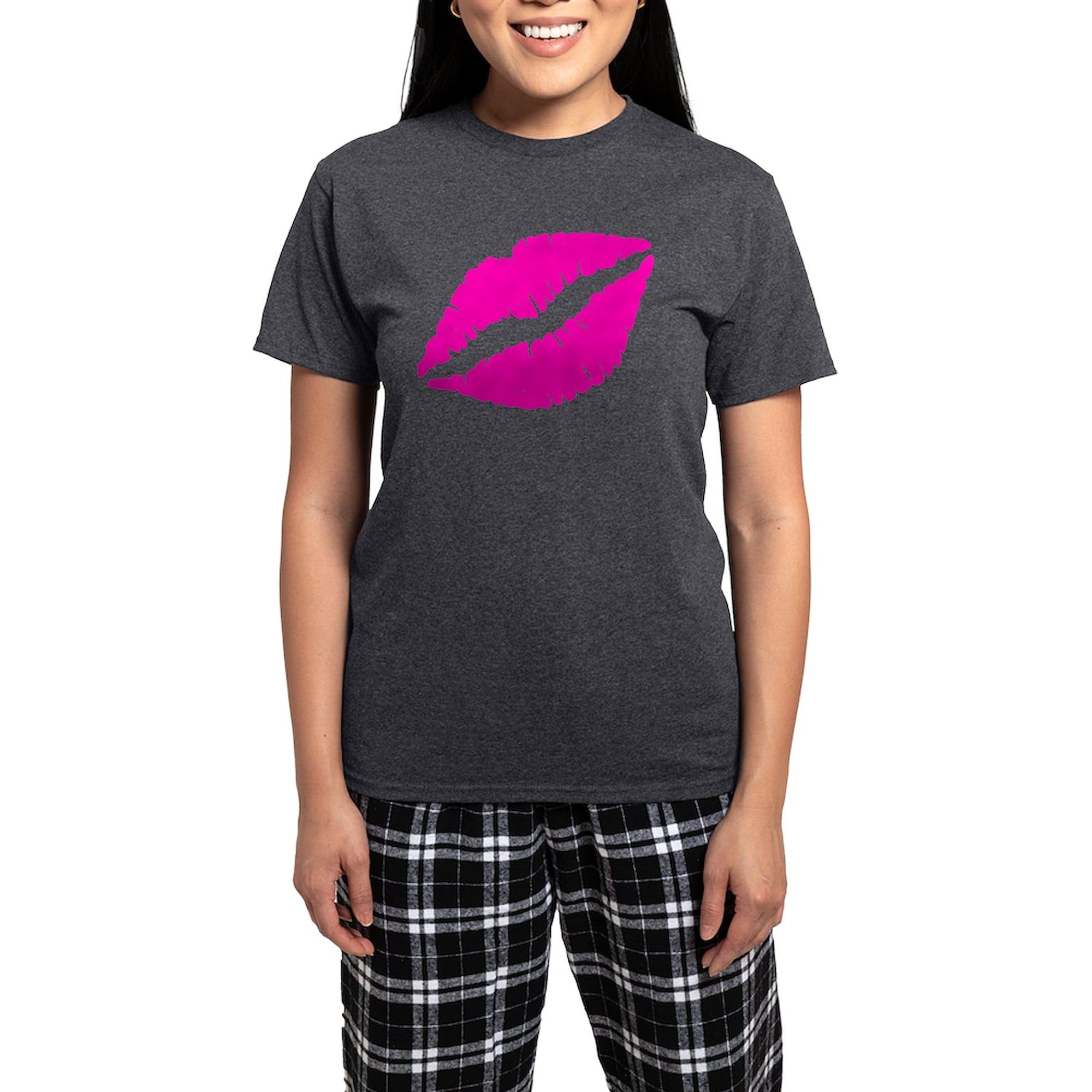 Sexy Pink Lips Kiss Women's Charcoal Pajama Set - Soft & Comfortable Novelty Sleepwear for Women | Perfect for Valentine's Day, Bachelorette Parties & Cozy Nights
