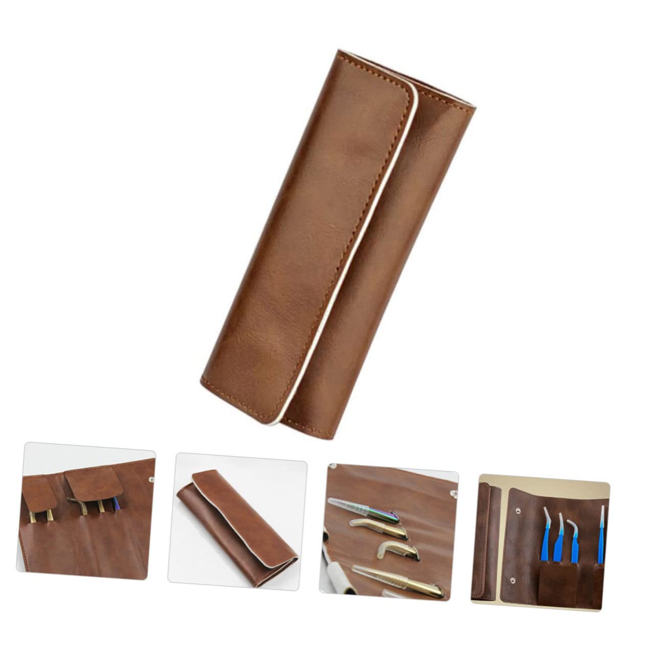 1pc PU Brown Eyelash Tweezer Storage Bag Holder - Organizer for Makeup Tweezers, Lash Extensions & Facial Tools - Perfect for Salon, Travel & Home Use