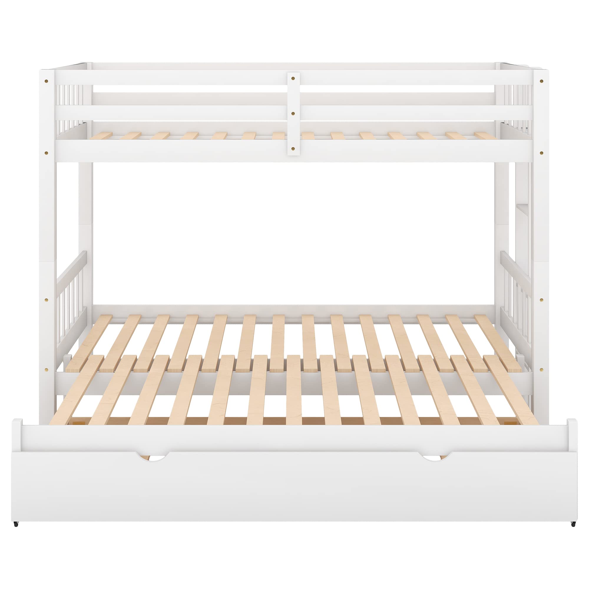 Twin Over Double Bunk Bed with Trundle - Convertible from Twin to King Size, Space-Saving Multi-Functional Wooden Bunk Bed with Ladder & Safety Rail in White - Perfect for Kids' Rooms, Guest Rooms & Small Apartments