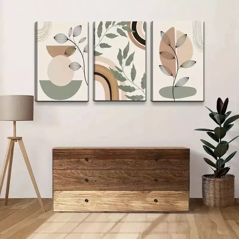 3-Piece Modern Minimalist Green Plant & Geometric Wall Art Set - 50x70cm Framed Canvas Prints - High Quality Australian Made - Ready to Hang - Perfect for Living Room, Bedroom & Office Decor