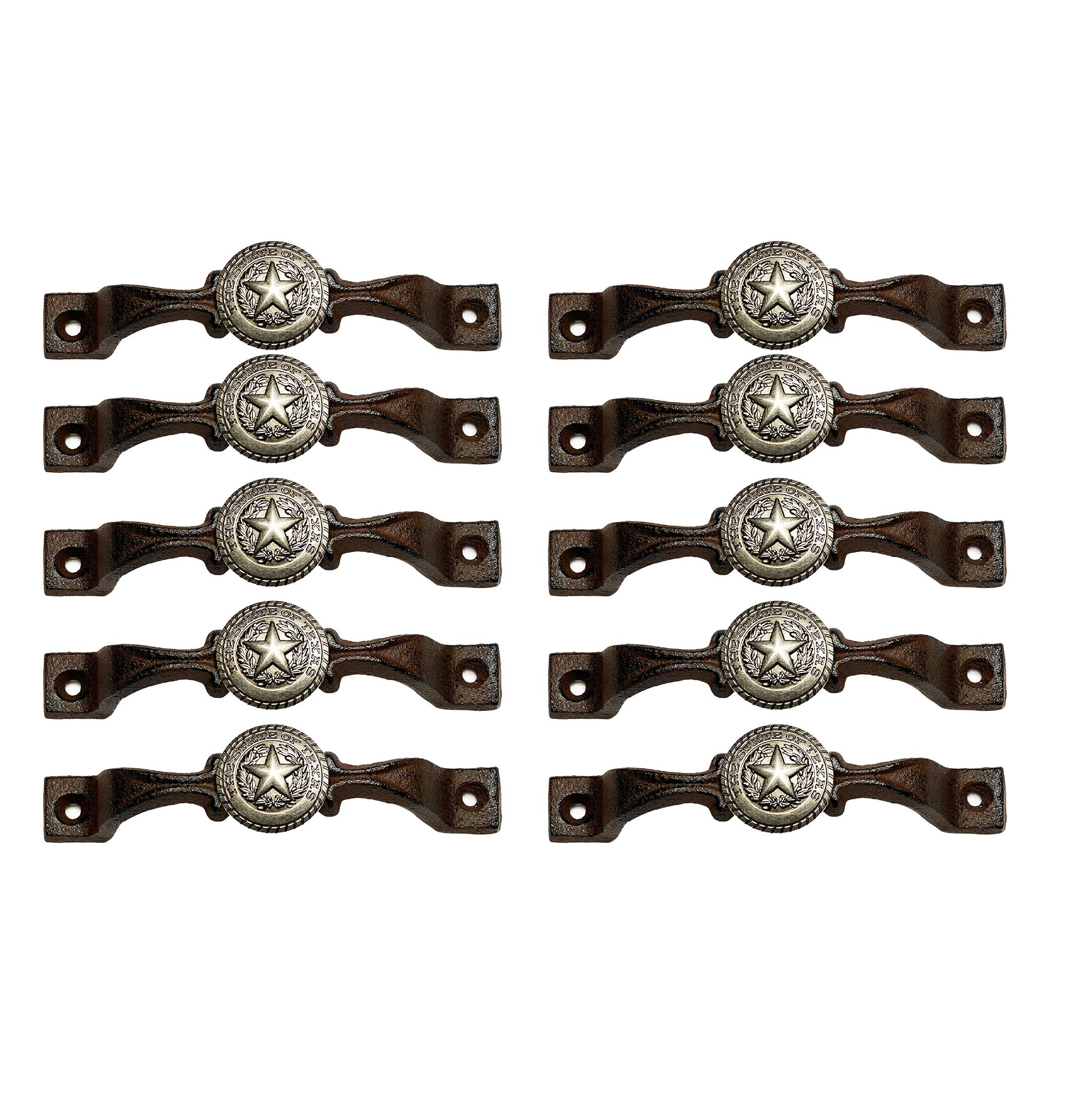 Urbalabs Cast Iron Texas State Concho - Rustic Longhorn Kitchen Cabinet Handles & Drawer Pulls for Farmhouse Decor (10-Pack, Silver Star) - Perfect for Cabinets, Dressers, and Western-Themed Home Décor