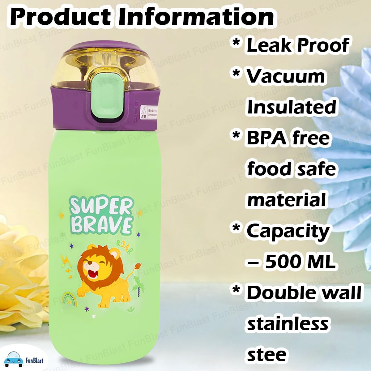 FunBlast Insulated Stainless Steel Water Bottle for Kids - 500ml Double Walled Vacuum Insulated SS-304 Water Bottle with Cartoon Design | Keeps Drinks Hot & Cold for 12+ Hours | Perfect for School, Sports, Travel & Outdoor Activities