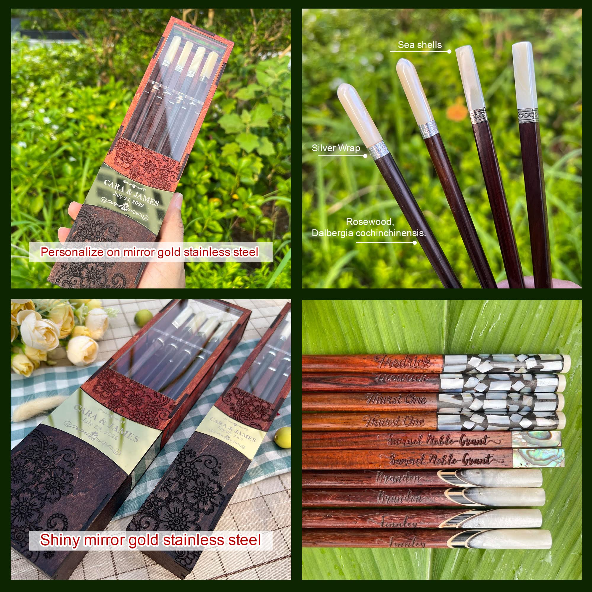 Personalized Premium Engraved Chopsticks Set for Couples - Custom Name Wedding Gift - Luxury Chopsticks with Gift Box - Perfect for Anniversaries, Bridal Showers & Newlywed Gifts (2 Pairs)