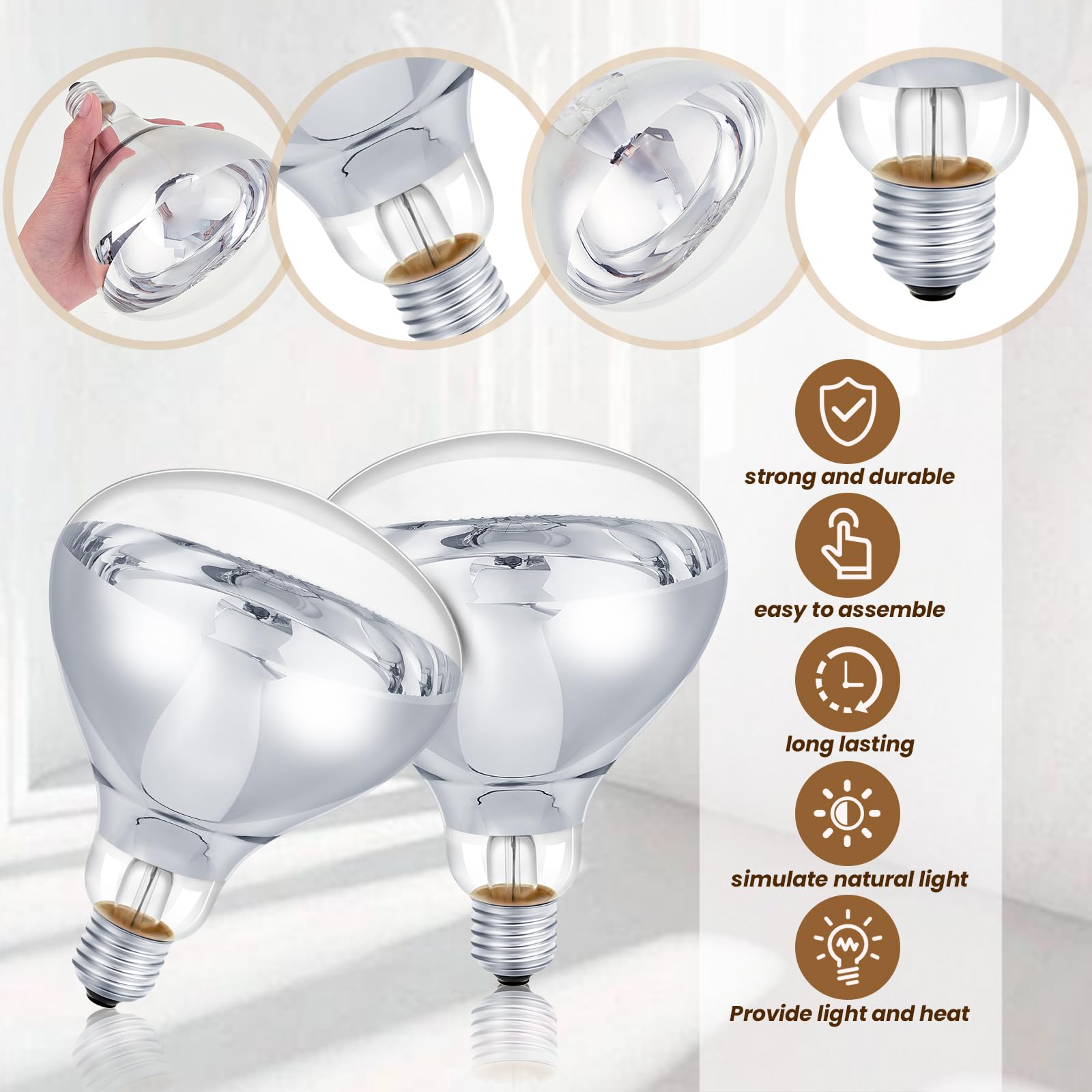 6 Pack 110V Clear Infrared Heat Lamp Bulbs - Medium E26 Base, 175W Red Heat Light for Bathroom, Pet Warming, Chicken Coop, Reptile Terrarium & Food Keeping - Energy Efficient Infrared Flood Bulbs for Home & Farm Use