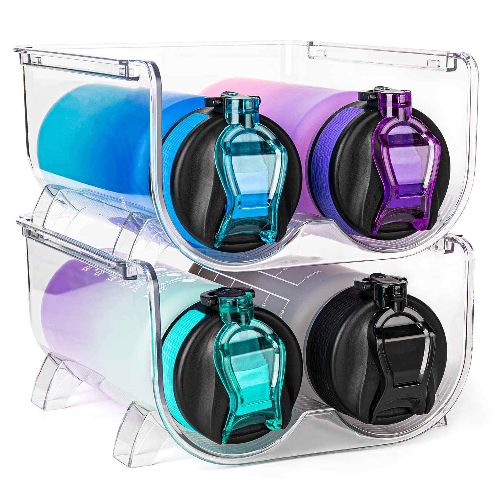 Hyperzoo Clear Stackable Water Bottle Organizer - 2 Pack Plastic Storage Rack for Kitchen Cabinets, Countertops, Refrigerator & Pantry - Perfect for Home Organization and Space Saving