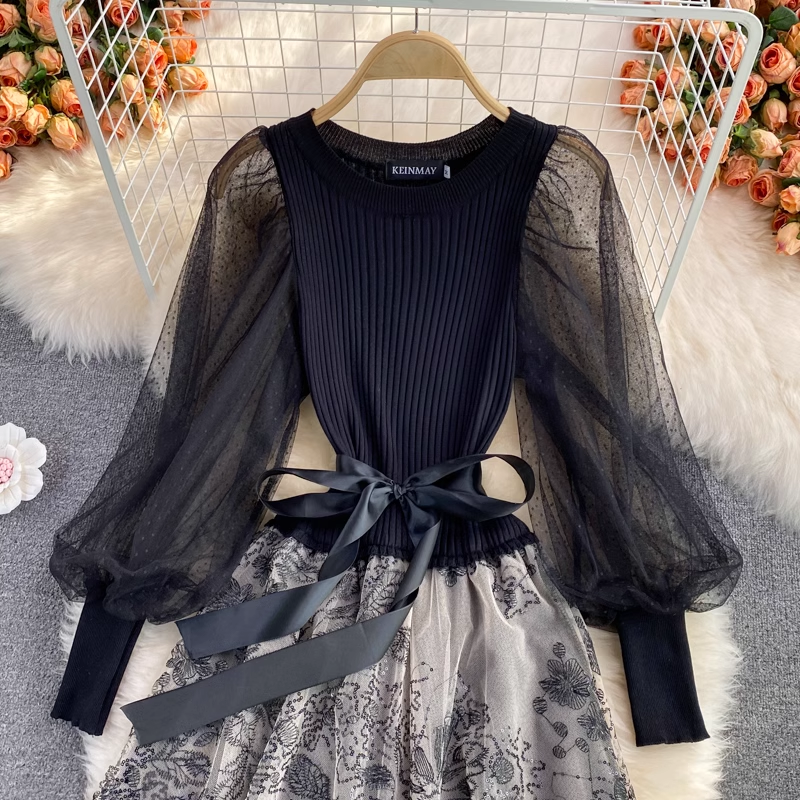 Elegant Autumn Mesh Knit Puff Sleeve Round Neck Dress for Women - Casual Fall Outfit for Parties, Dates & Office Wear