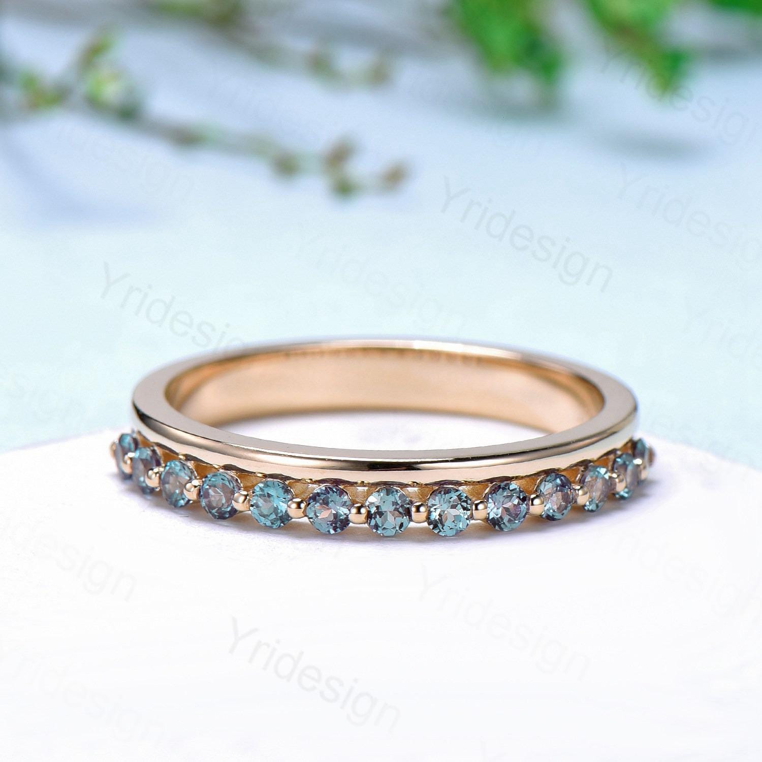 Alexandrite Half Eternity Wedding Band for Women - Stackable Art Deco Ring in Yellow Gold - Anniversary & Wedding Gift - Perfect for Bridal Sets, Stacking Rings & Special Occasions