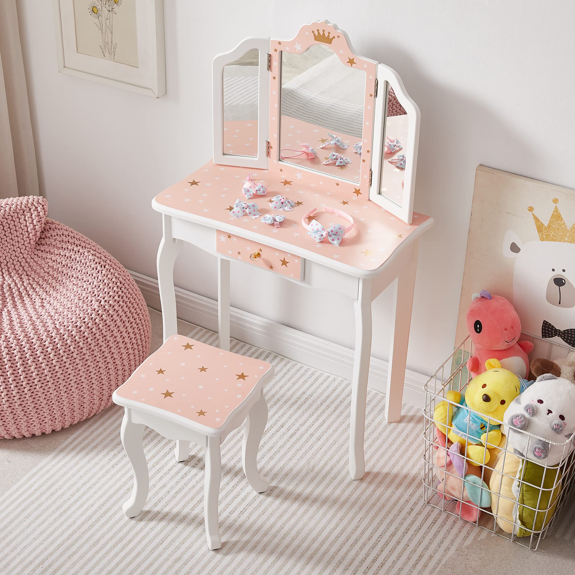 Kids Vanity Table and Chair Set - Girls Princess Makeup Dressing Table with Tri-Folding Mirror, Stool & Drawer | Perfect for Birthday Gifts, Bedroom Decor & Pretend Play (Ages 3-8)