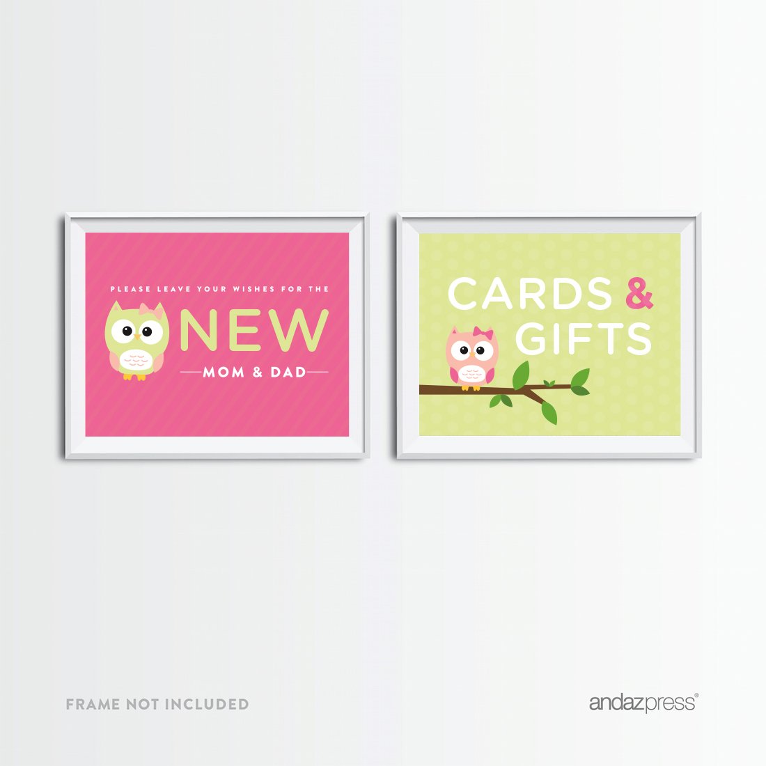 Andaz Press Modern Owl Girl Baby Shower Decorations - 2-Pack Party Signs with Cards & Gifts for New Parents - Perfect for Baby Shower Wishing Tree, Guest Book Alternative, and Nursery Decor