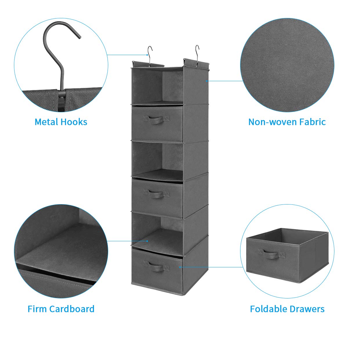 MAX Houser 6-Tier Hanging Closet Organizer Shelf with 2 Heavy-Duty Hooks - Foldable Space-Saving Storage for Clothes, Shoes & Accessories (Grey) - Perfect for Bedroom, Closet & Dorm Organization