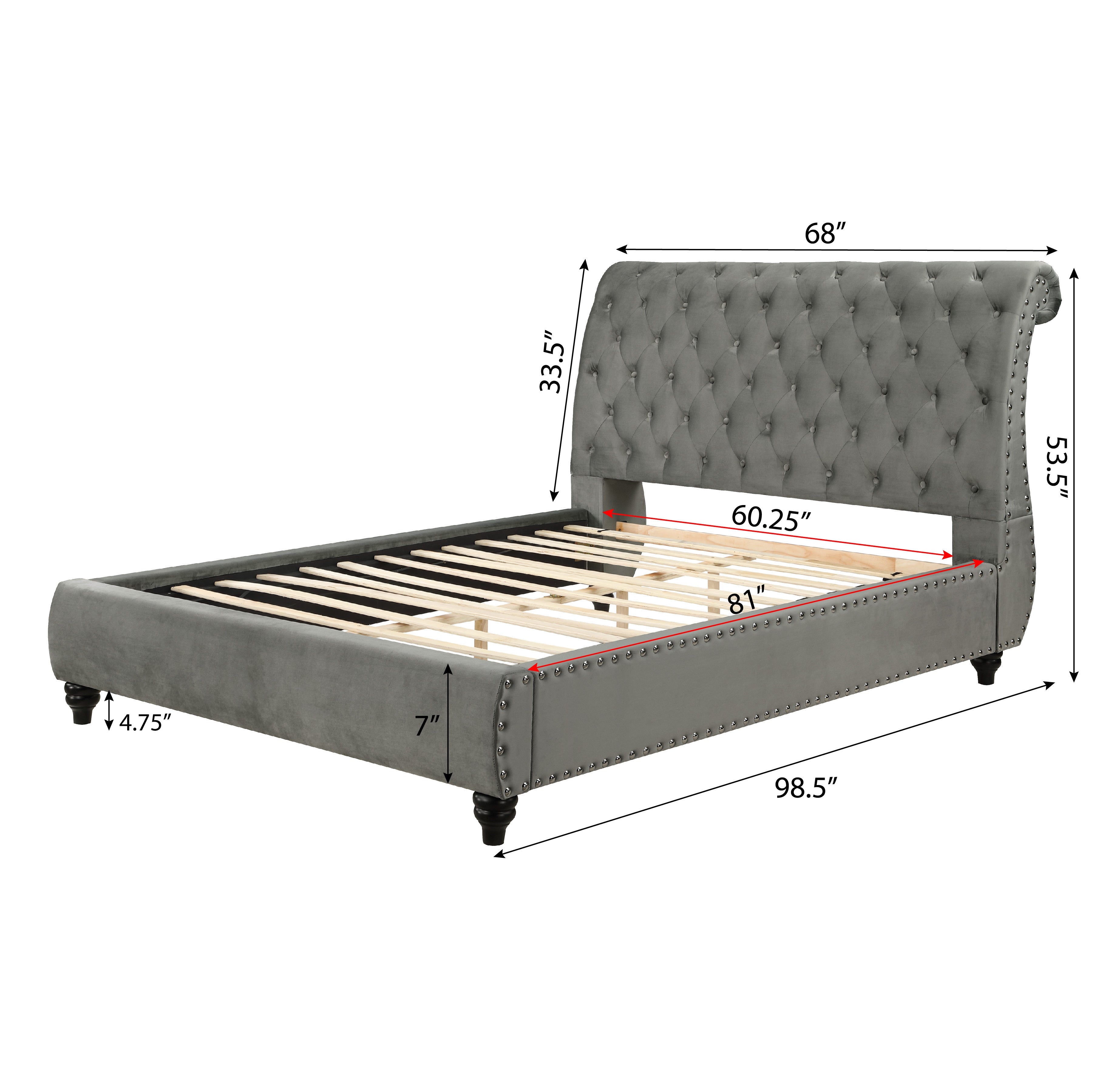 Roundhill Furniture Cerderia Velvet Upholstered Button Tufted Nailhead Trim Sleigh Bed Frame - Queen Size Gray Velvet Bed for Luxurious Bedroom Decor | Perfect for Master Bedrooms, Guest Rooms & Cozy Home Retreats