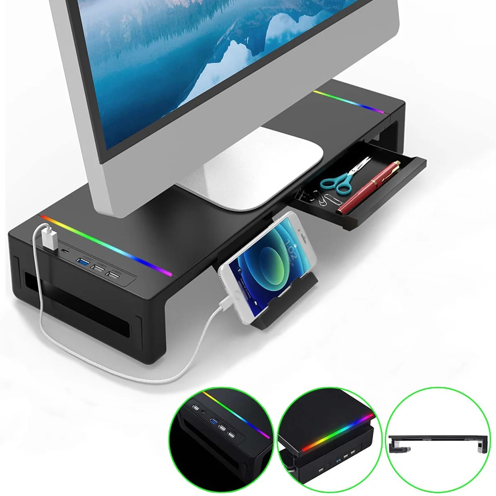 IGERCN Black Laptop Monitor Stand with USB 3.0 Port & Storage Drawer - Ergonomic Computer Screen Riser for Desk Organization, Perfect for Home Office & Gaming Setup