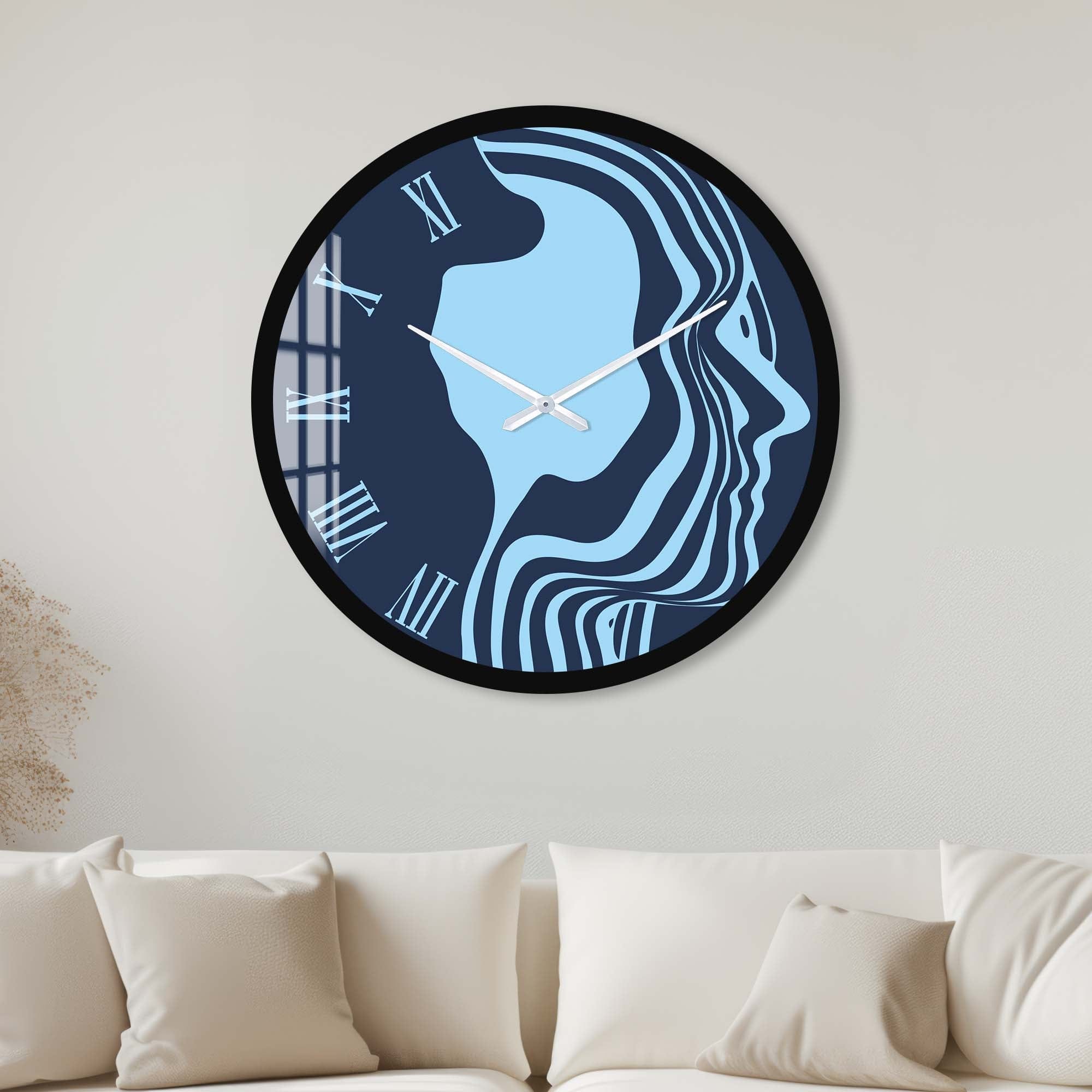 Blue Silhouette Glass Wall Clock - Modern Decorative Clock for Living Room, Bedroom & Office - Silent Non-Ticking Battery Operated