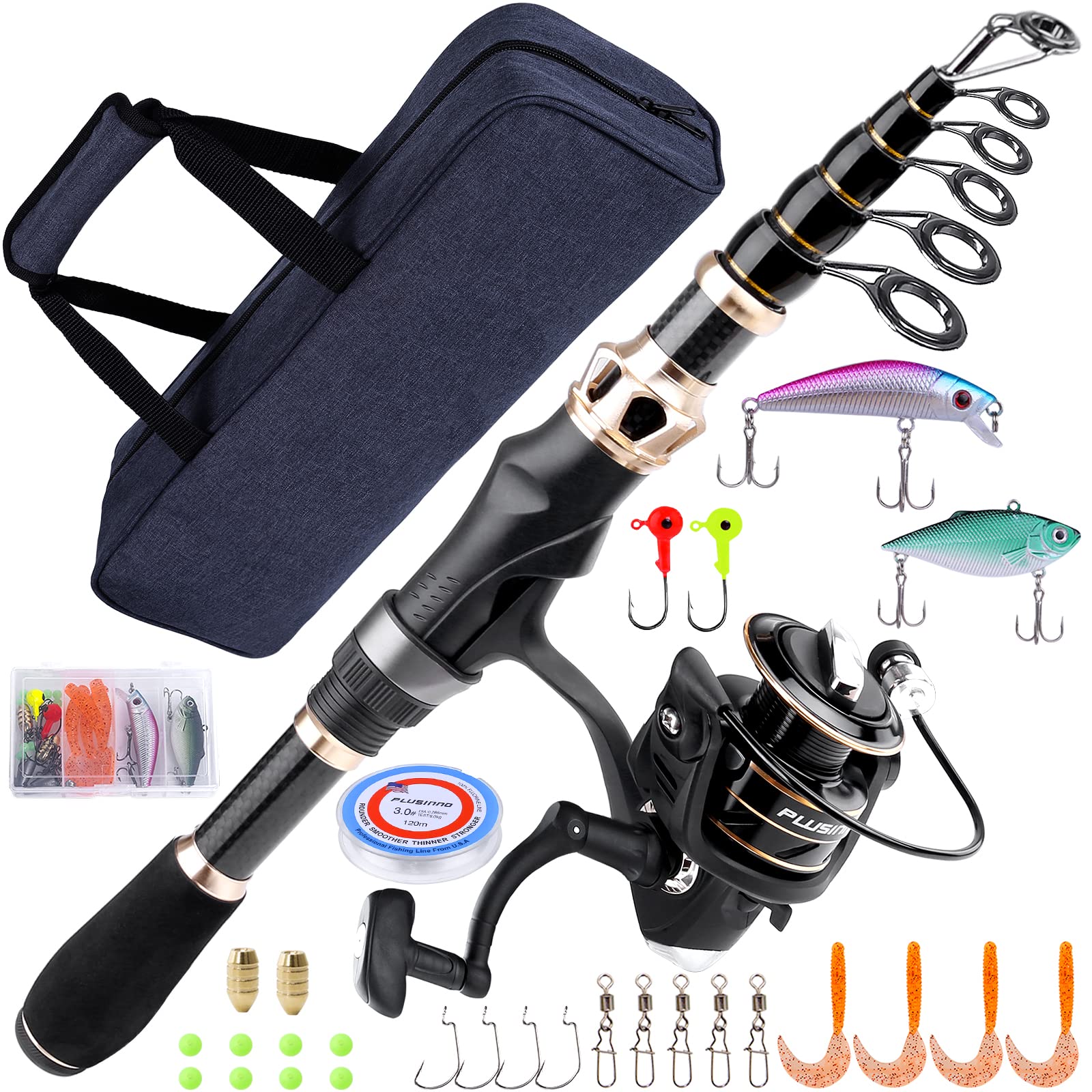 PLUSINNO Telescopic Fishing Rod and Reel Combo Kit with Spinning Reel & Carrier Bag - Lightweight Portable Fishing Pole for Freshwater & Saltwater Fishing - Perfect for Men & Women Anglers (Great for Travel, Camping & Shore Fishing)