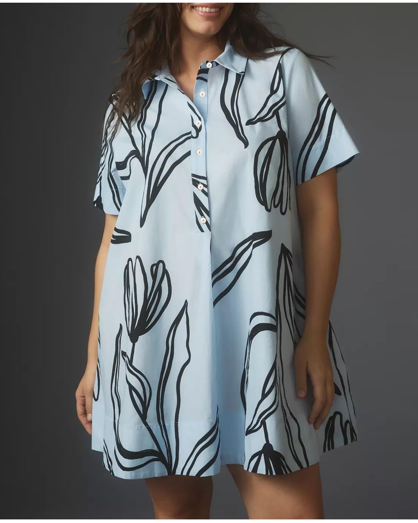Women's Floral Short Sleeve Button Up Mini Dress - A-Line Swing Tunic with Collar | Casual Summer Outfit, Beach Cover Up, Office Wear & Date Night Dress