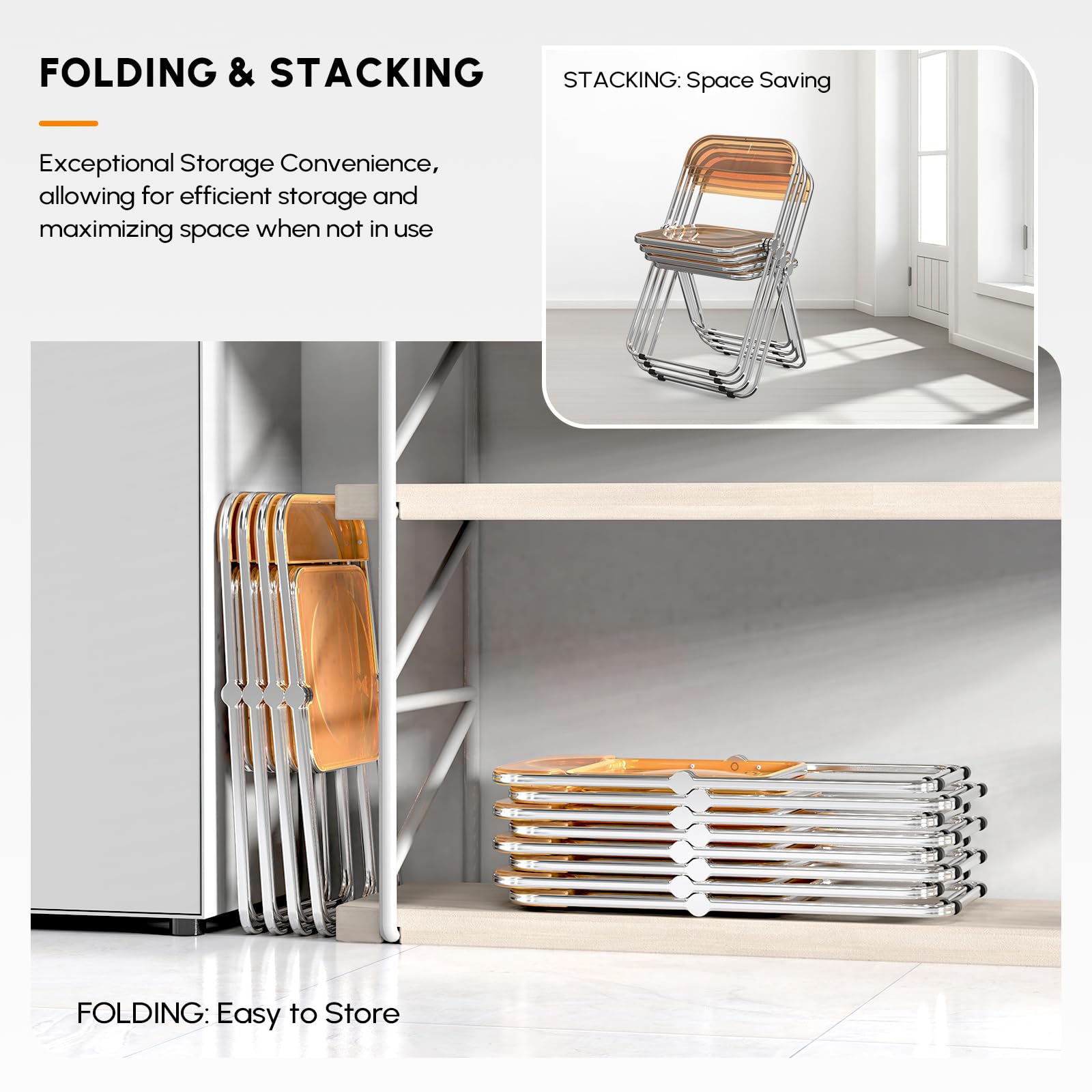 VINGLI 2 Pack Clear Acrylic Folding Chairs - Stackable Plastic Chairs with Metal Chrome Frame, 350 lbs Weight Capacity - Perfect for Patio, Wedding, Banquet & Outdoor Events