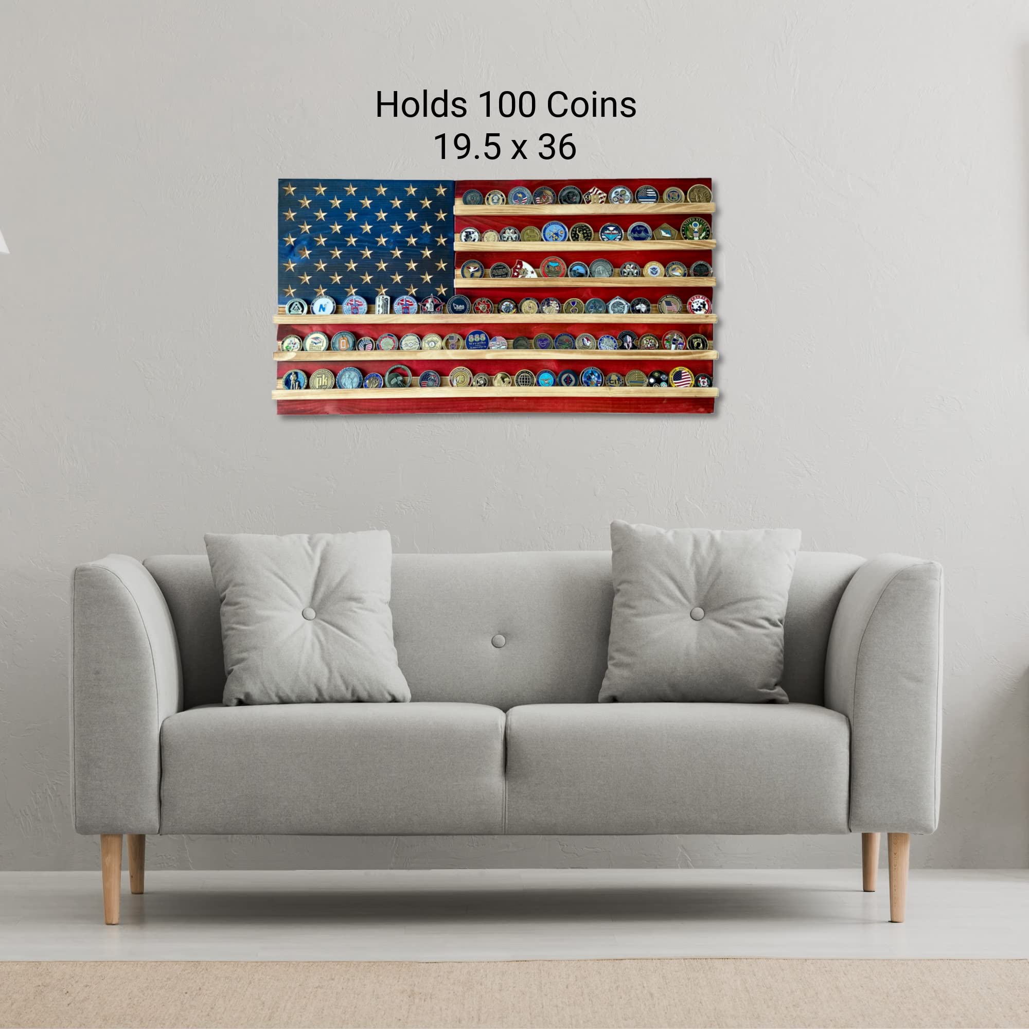 Flags of Valor American Flag Challenge Coin Display - Holds 100 Military Coins, Patriotic Wall Decor Made in USA by Veterans (Large 19x36 Inches) - Perfect for Military Home Decor, Veteran Gifts & Patriotic Office Display