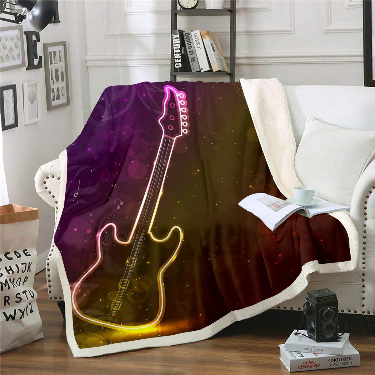 Galaxy Guitar Fleece Throw Blanket - Music Theme Sherpa Blanket for Kids & Boys - Outer Space Plush Blanket with Glitter Musical Instruments Design - Soft Fuzzy Blanket for Sofa, Bed, Couch - Perfect for Music Lovers' Bedroom, Gift for Guitar Enthusiasts - King Size 87x95 Inches