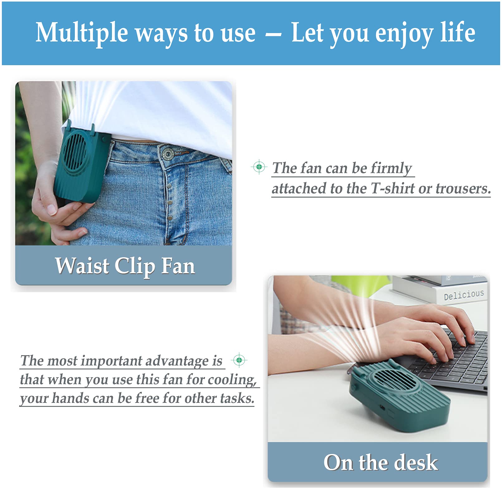 3 in 1 Rechargeable USB Waist Fan, Necklace Fan & Desk Fan - 3 Speed Adjustable Hands-Free Wearable Cooling Fan for Women, Men & Kids - Perfect for Outdoor Travel, Office, Sports & Summer Activities