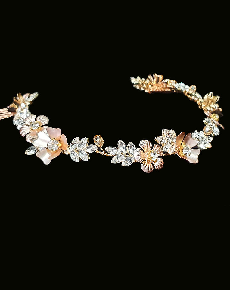 Elegant Rose Gold Bridal Headpiece with Diamonte Leaf Detail - Cora by Johnny B at Kezani | Perfect for Weddings, Prom & Special Occasions