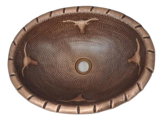 Handmade Oval Copper Sink with Longhorn Bull Design - Rustic Farmhouse Kitchen Decor for Bathroom & Bar Sink