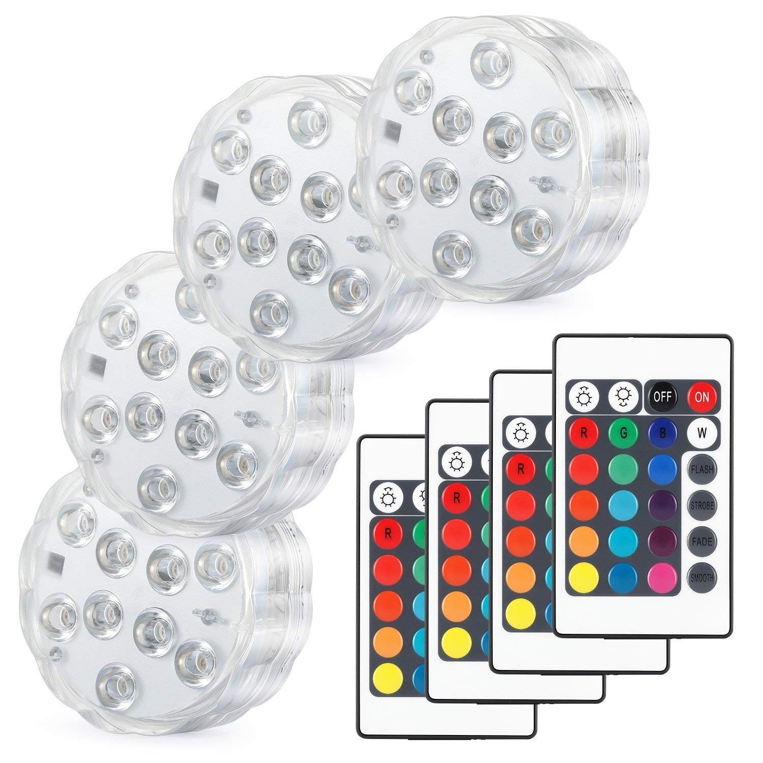 Idearsen Submersible LED Lights - Waterproof RGB Color Changing Pond, Pool, Fountain & Vase Lights with Remote Control (4 Pack) - Perfect for Indoor/Outdoor Decoration, Aquariums, Garden Fountains & Wedding Centerpieces