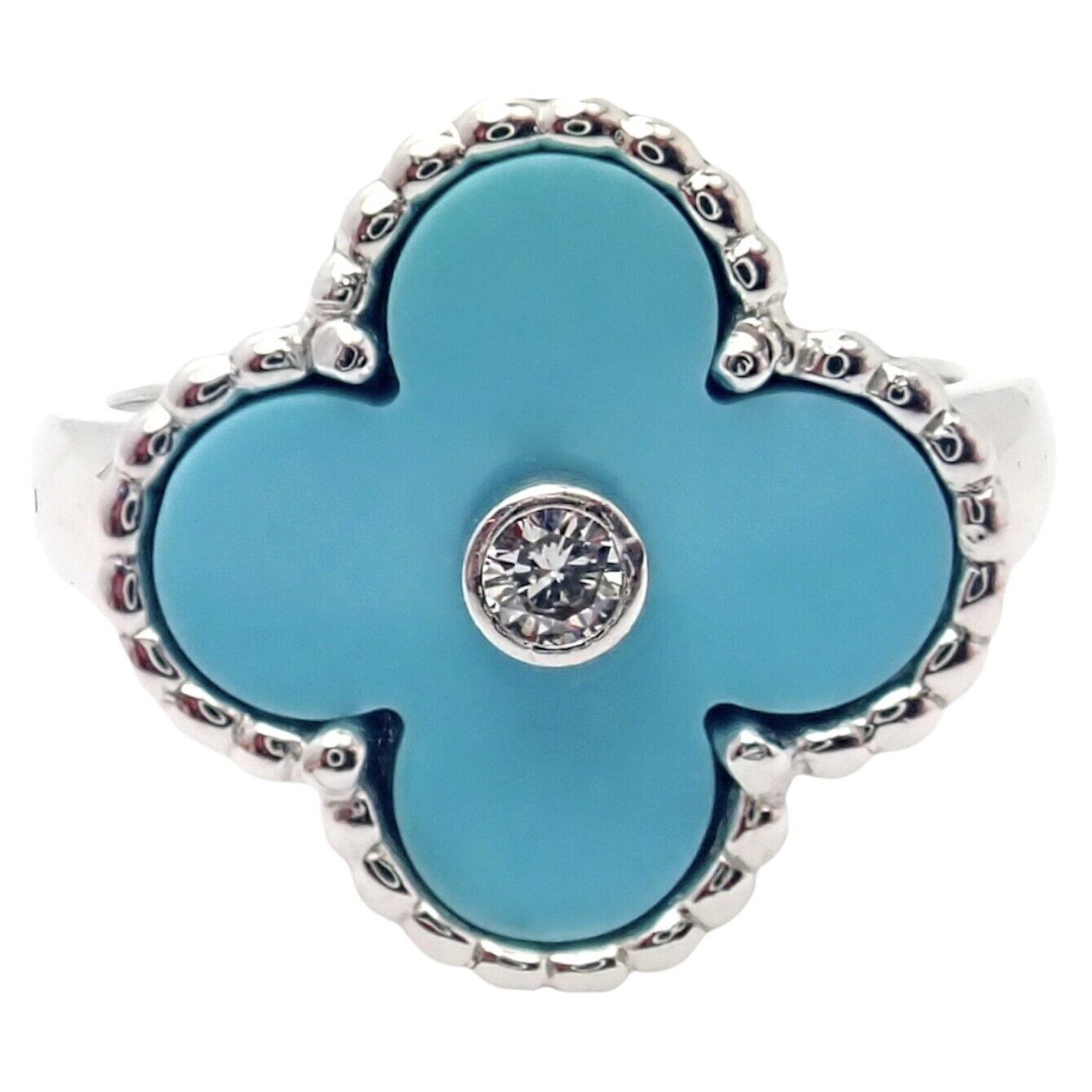 Authentic Van Cleef & Arpels Alhambra 18k Gold Diamond Turquoise Ring - Luxury Jewelry for Women, Elegant Statement Piece for Parties & Special Occasions