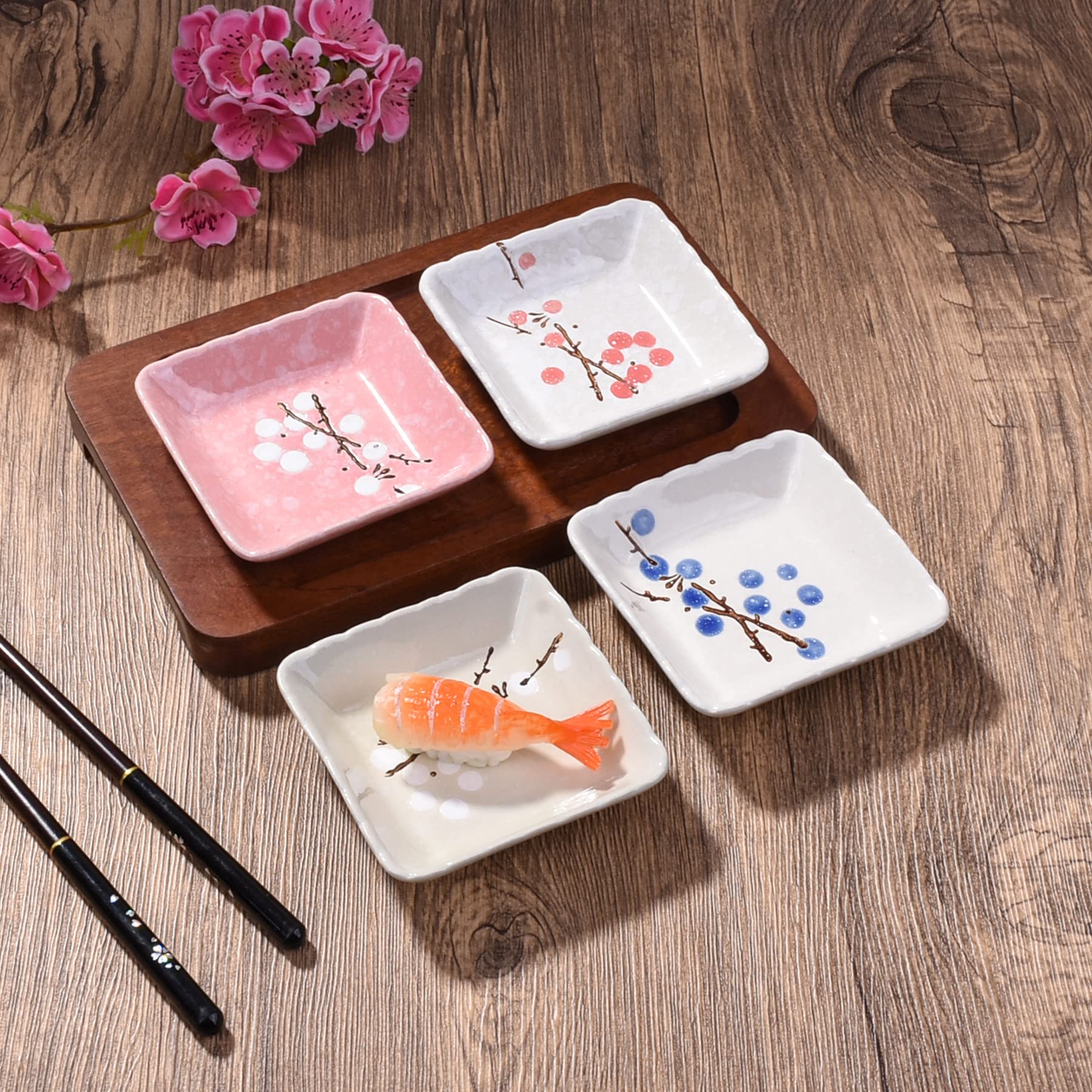 Japanese Ceramic Sauce Dish Set of 4 - Square Soy Sauce Dish for Sushi, BBQ, Dipping Sauces - Microwave & Dishwasher Safe - Perfect for Restaurants, Home Dining, and Party Platters