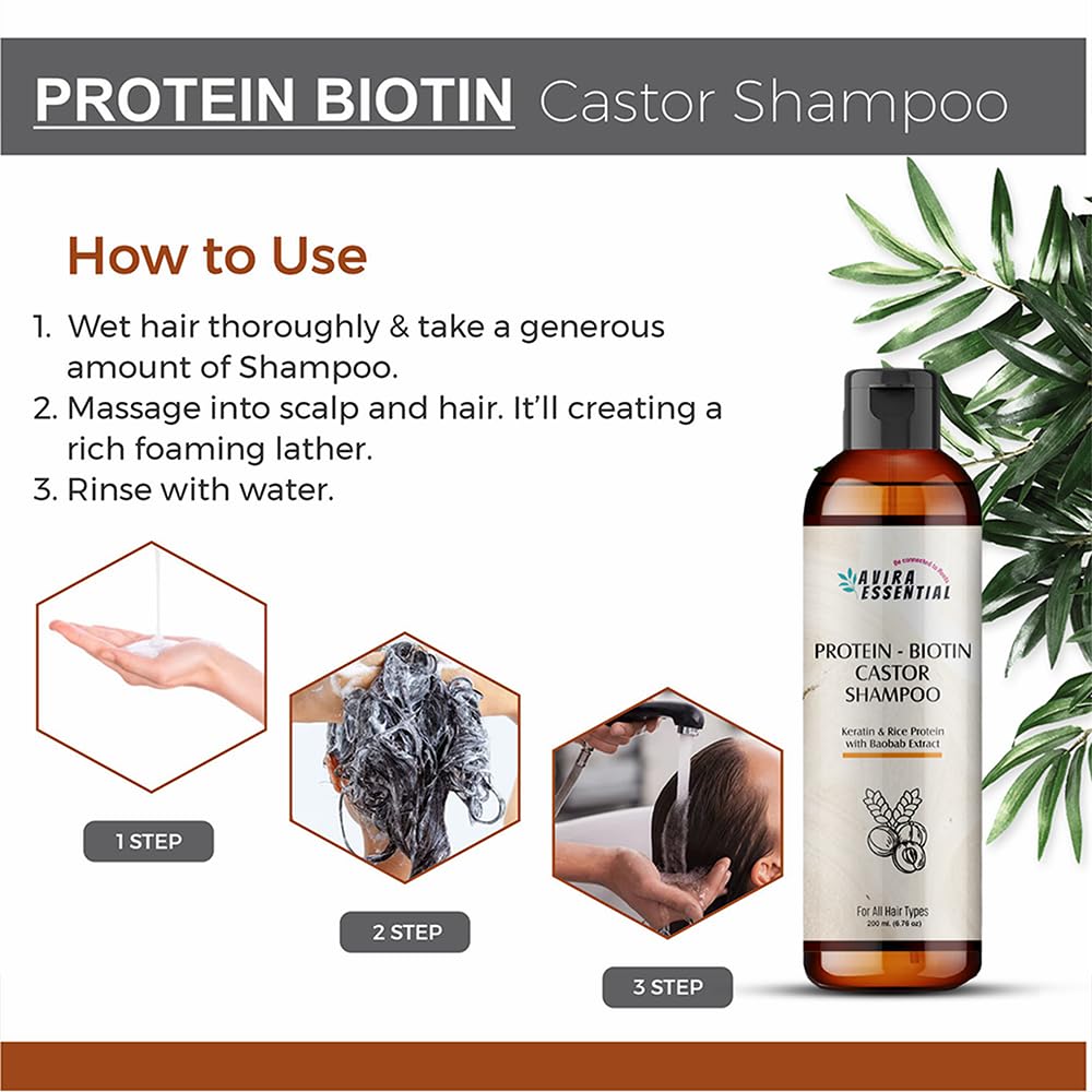 Avira Essential Protein Biotin Castor Shampoo for Hair Growth - Anti Hair Loss, Anti Dandruff & Frizz Control | Organic Keratin & Rice Protein Shampoo for Women & Men - Volumizing Treatment for Dry, Damaged Hair (200ml) | Perfect for Daily Use & Hair Repair Routine