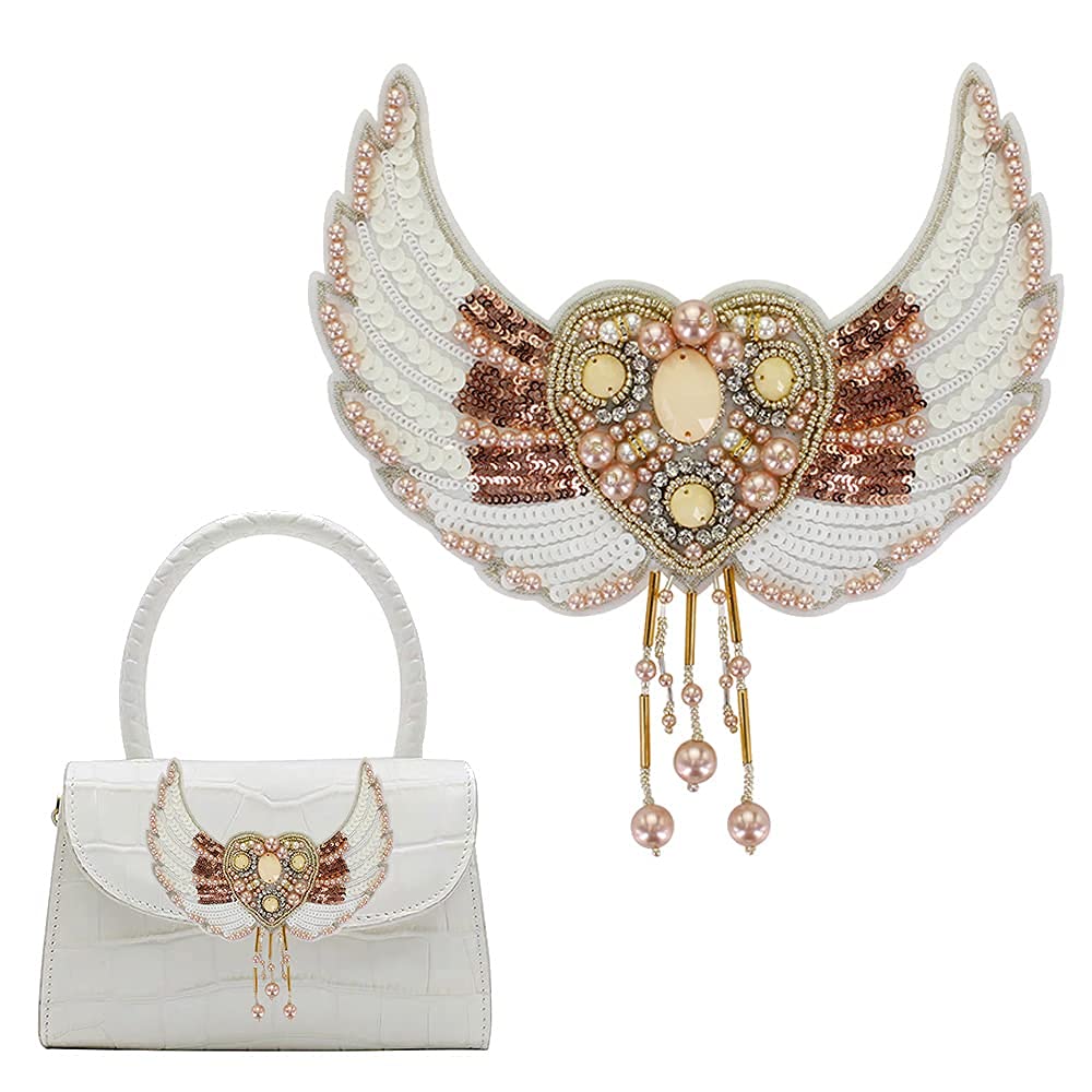 Sparkly Rhinestone Beaded Sequins Angel Wings Heart-Shaped Iron-On Patch - DIY Sewing Applique for Clothing, Hats, Bags & Accessories | Perfect for Costumes, Fashion Upgrades & DIY Crafts